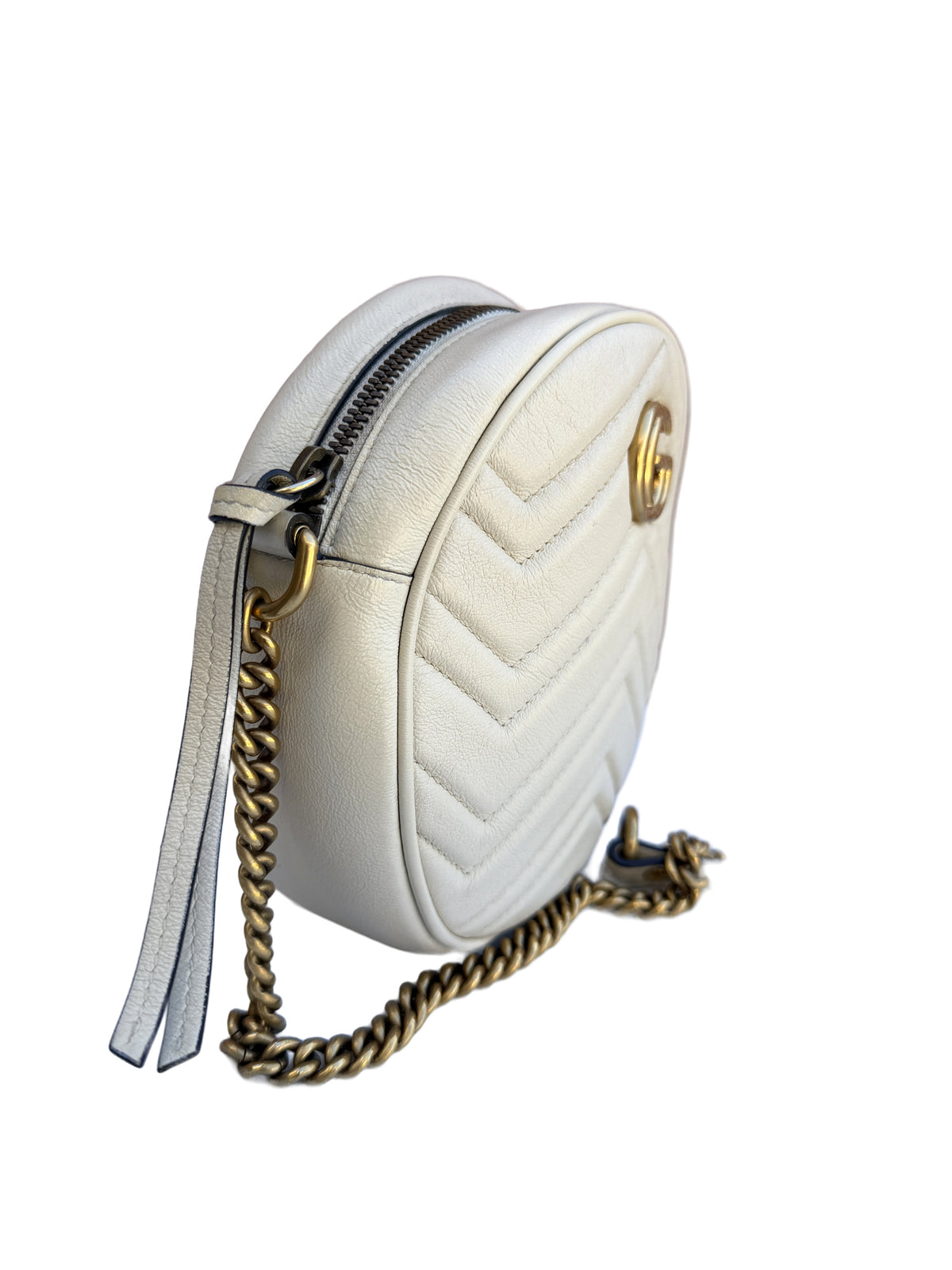 Gucci GG Marmont Round Crossbody White Chevron Leather 3505