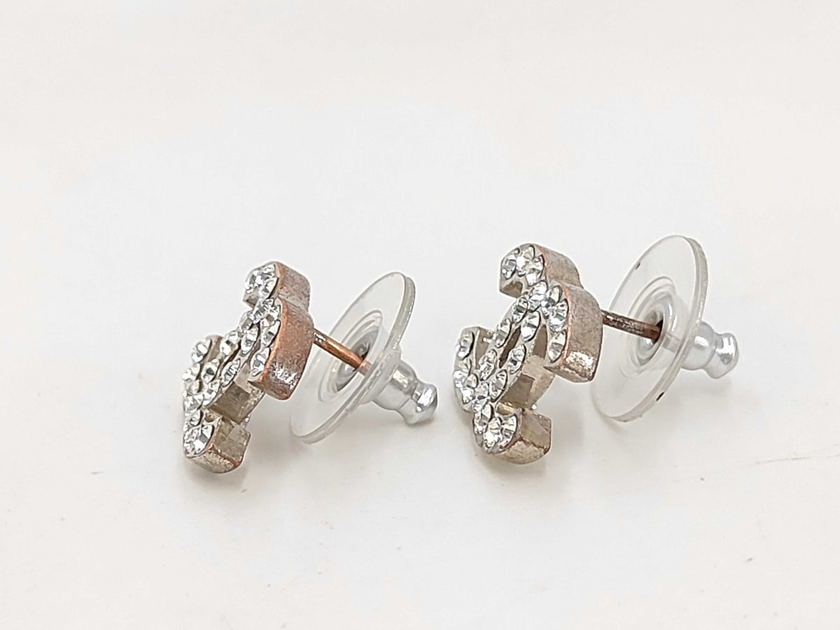 Chanel Rhinestone Post Stud Earrings Silver 06V 3392
