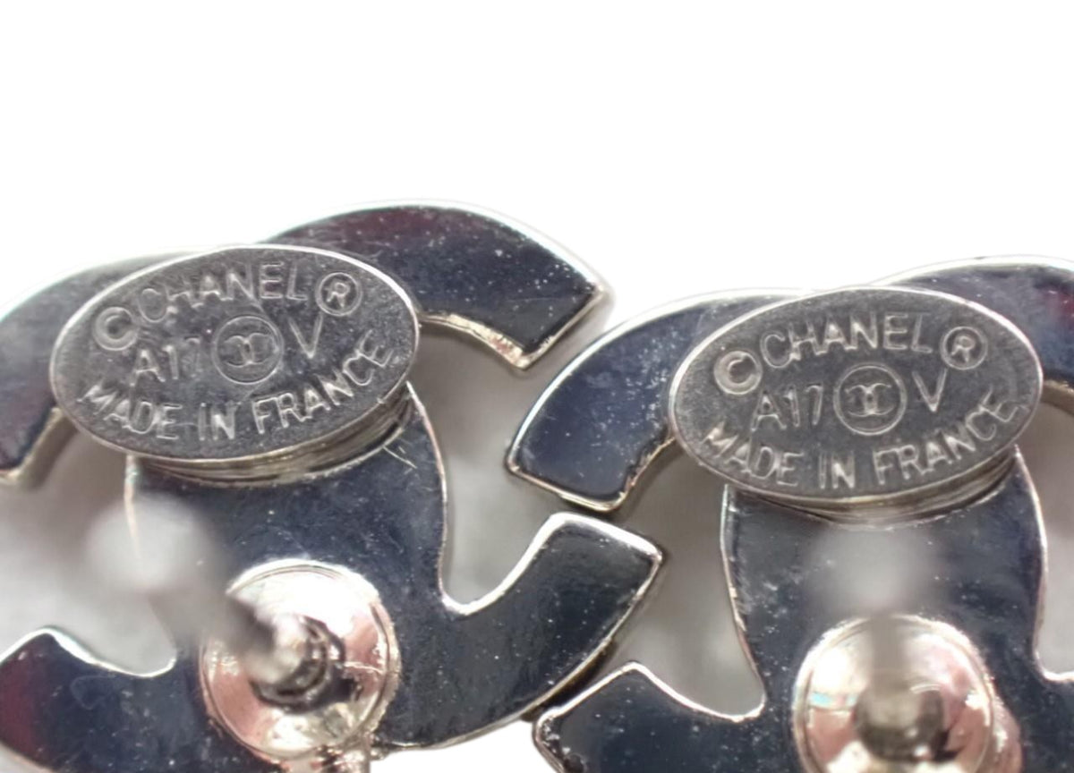 Chanel CC Pearl Drop Crystal Earrings Gunmetal 2666