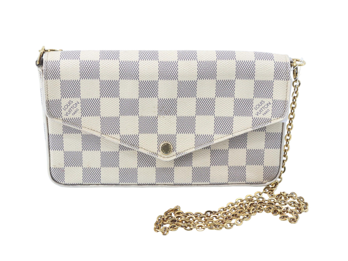 Louis Vuitton Felicie Damier Azur handbag with gold chain on a white background