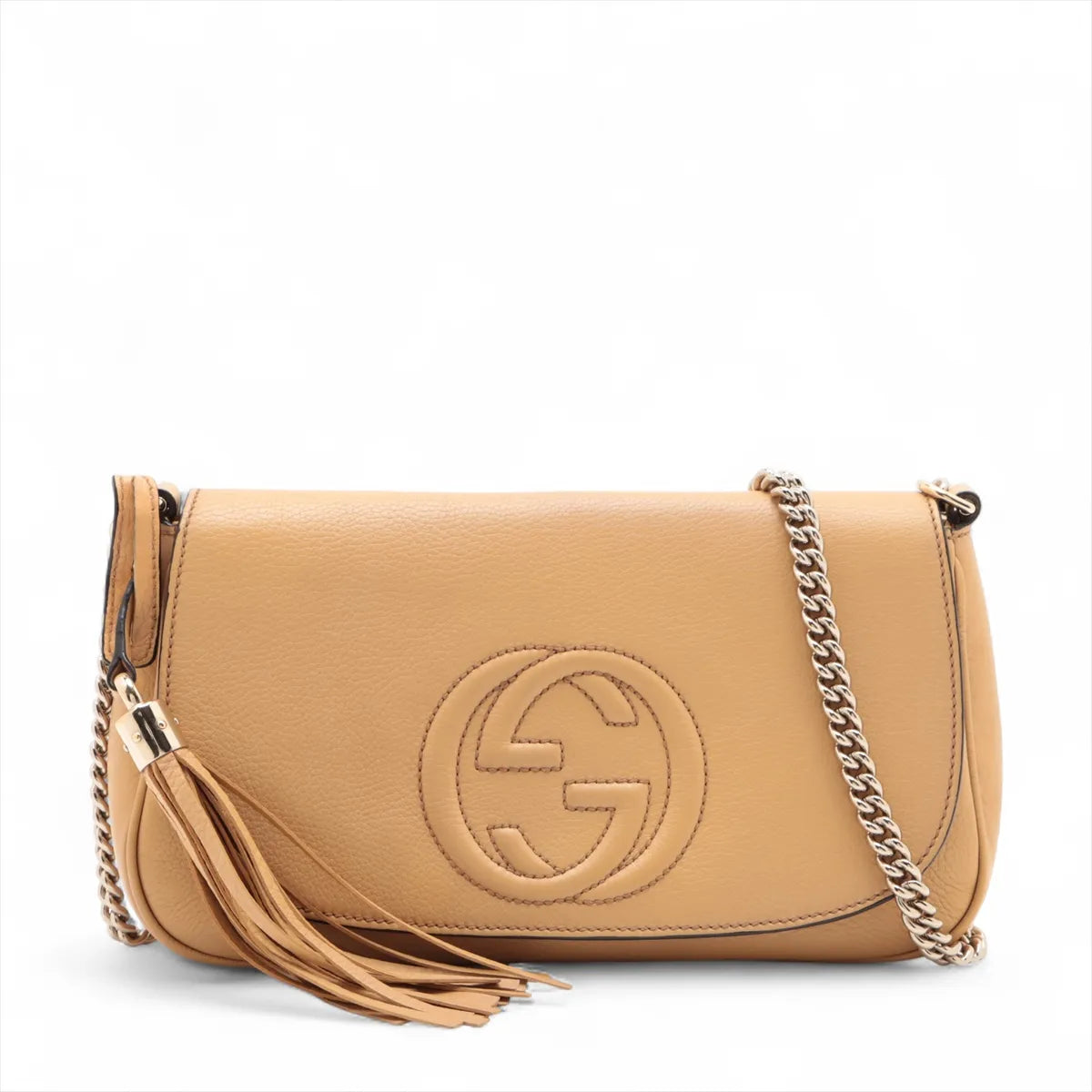 Gucci Soho Flap Tassel Chain Shoulder Bag Beige Leather 3460