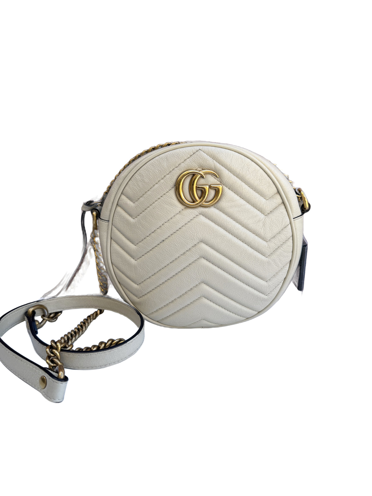 Gucci GG Marmont Round Crossbody White Chevron Leather 3505