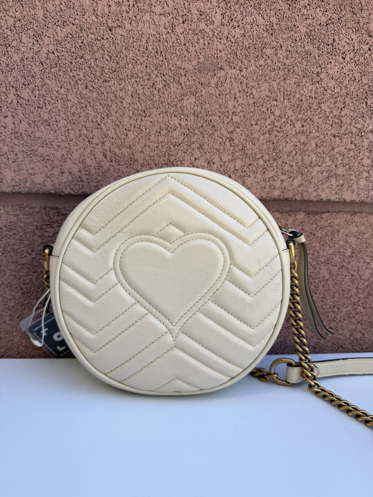 Gucci GG Marmont Round Crossbody White Chevron Leather 3505