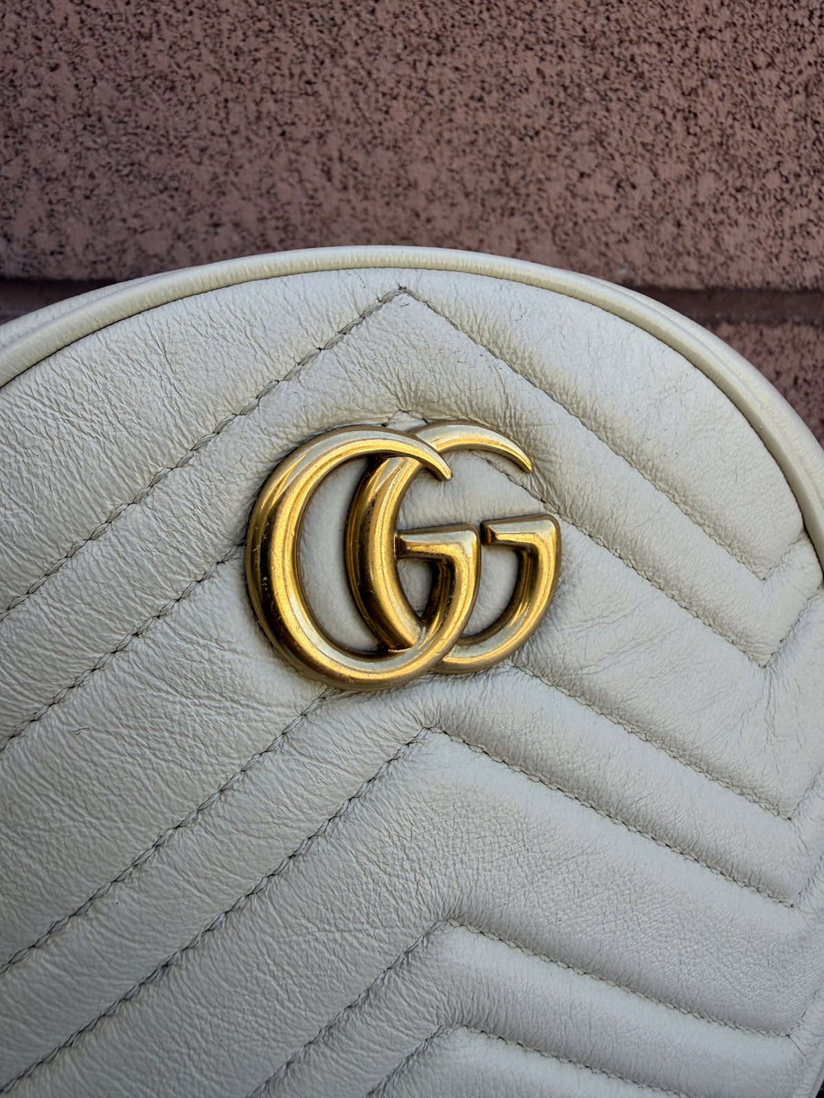 Gucci GG Marmont Round Crossbody White Chevron Leather 3505