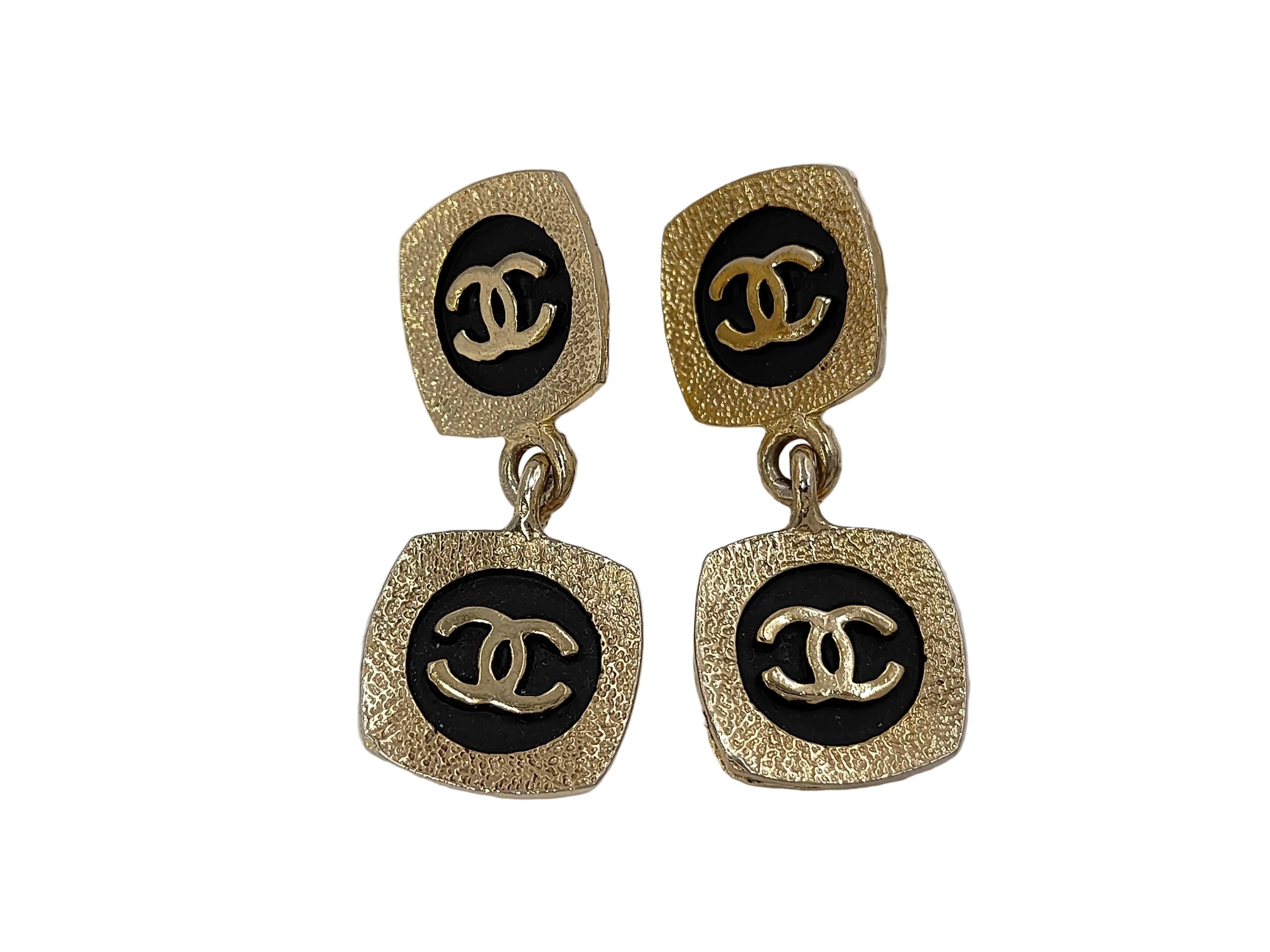 Chanel Enamel Square CC Drop Earrings Gold Black Post Stud 3209