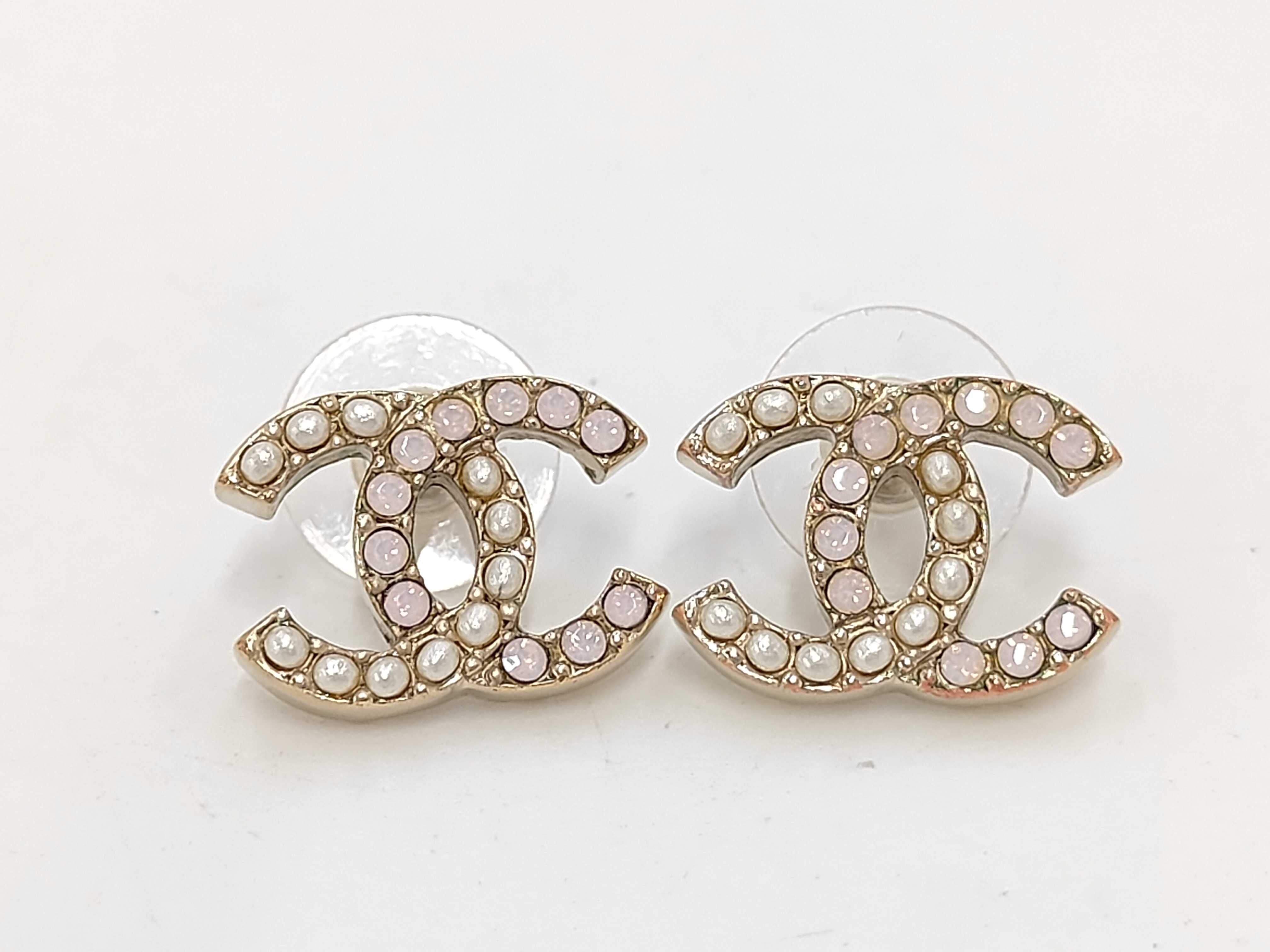 Chanel CC Pearl Pink Stone A12P Post Stud Earrings Gold 3391