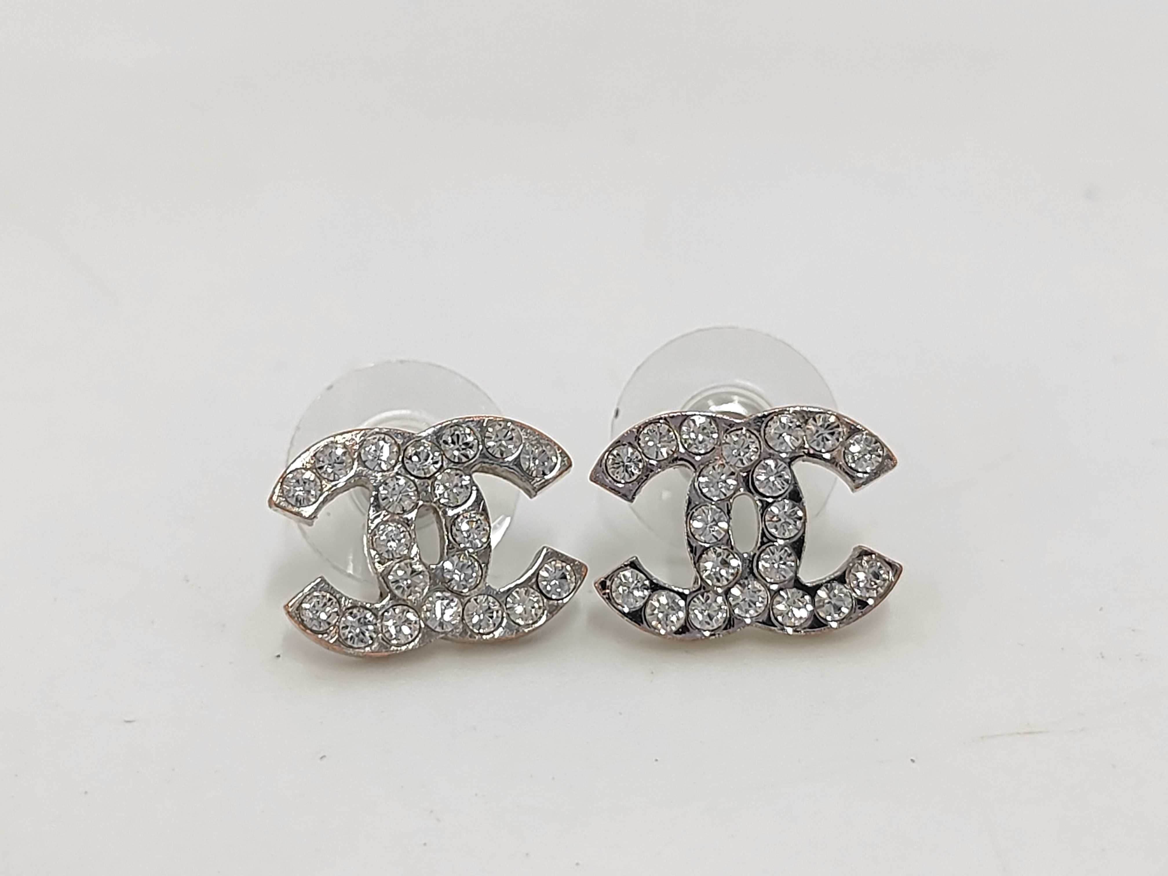 Chanel Rhinestone Post Stud Earrings Silver 06V  3392