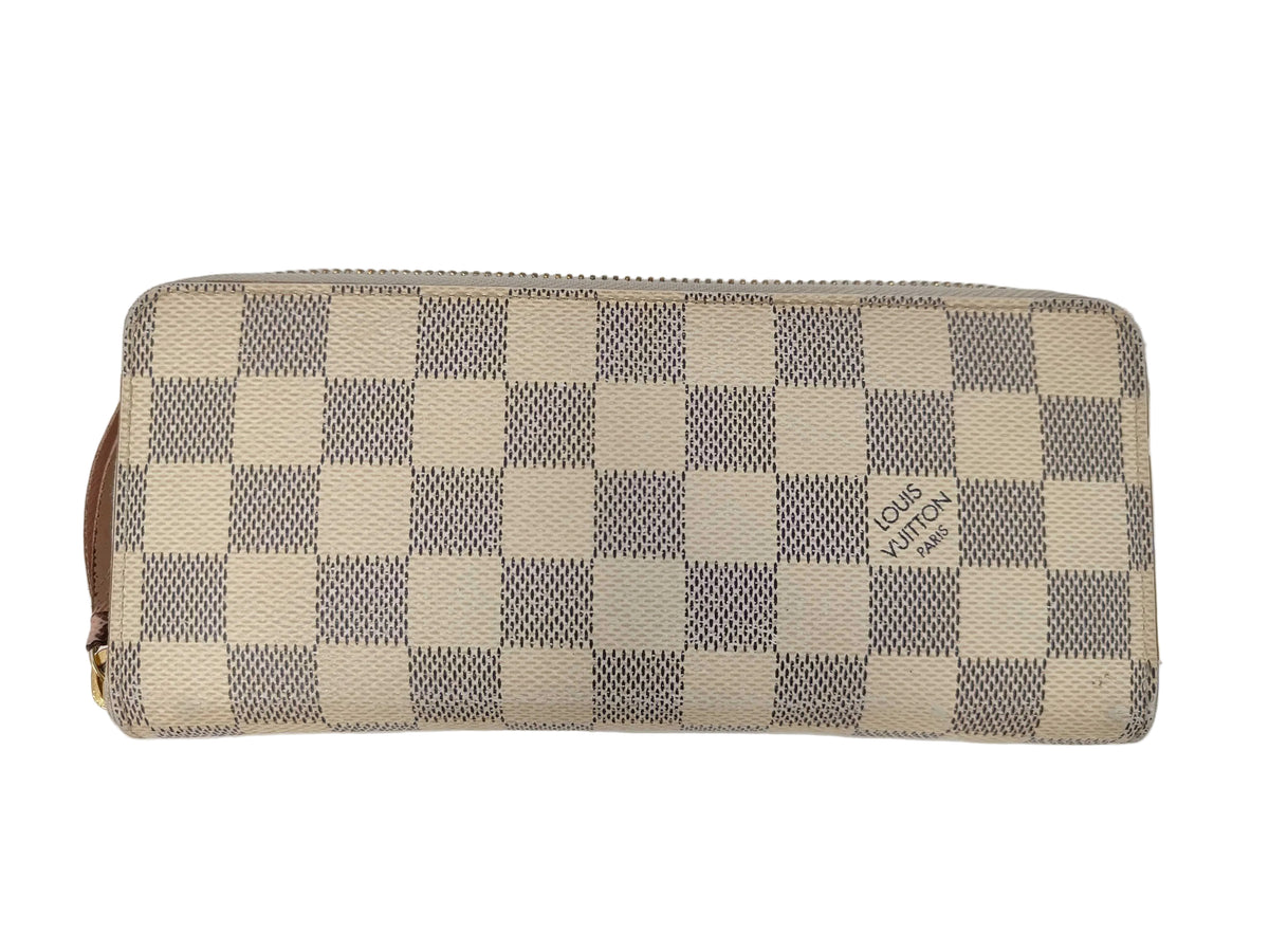 Louis Vuitton zip-around wallet in the Damier Azur canvas, featuring a beige and gray checkered pattern with a small gold-tone logo on the right side.