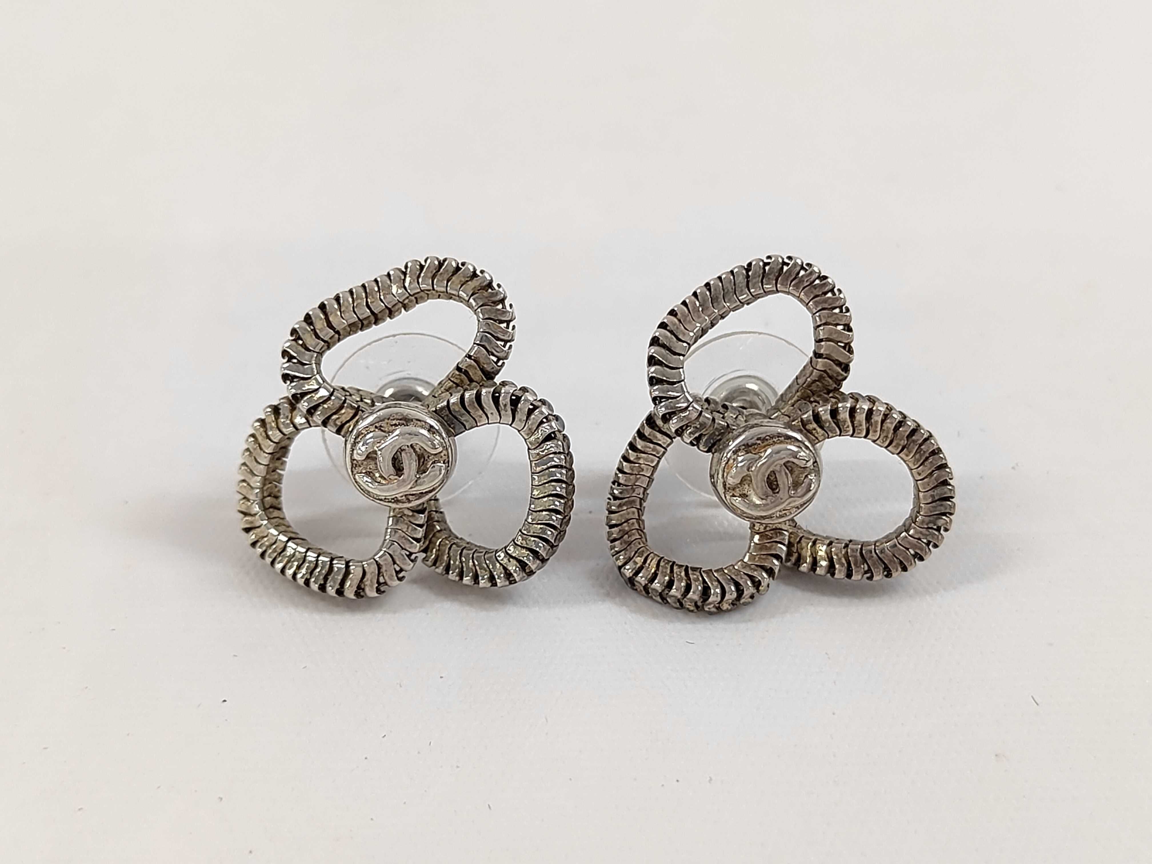 Chanel Triple Zip Post Stud Earrings Silver 3398