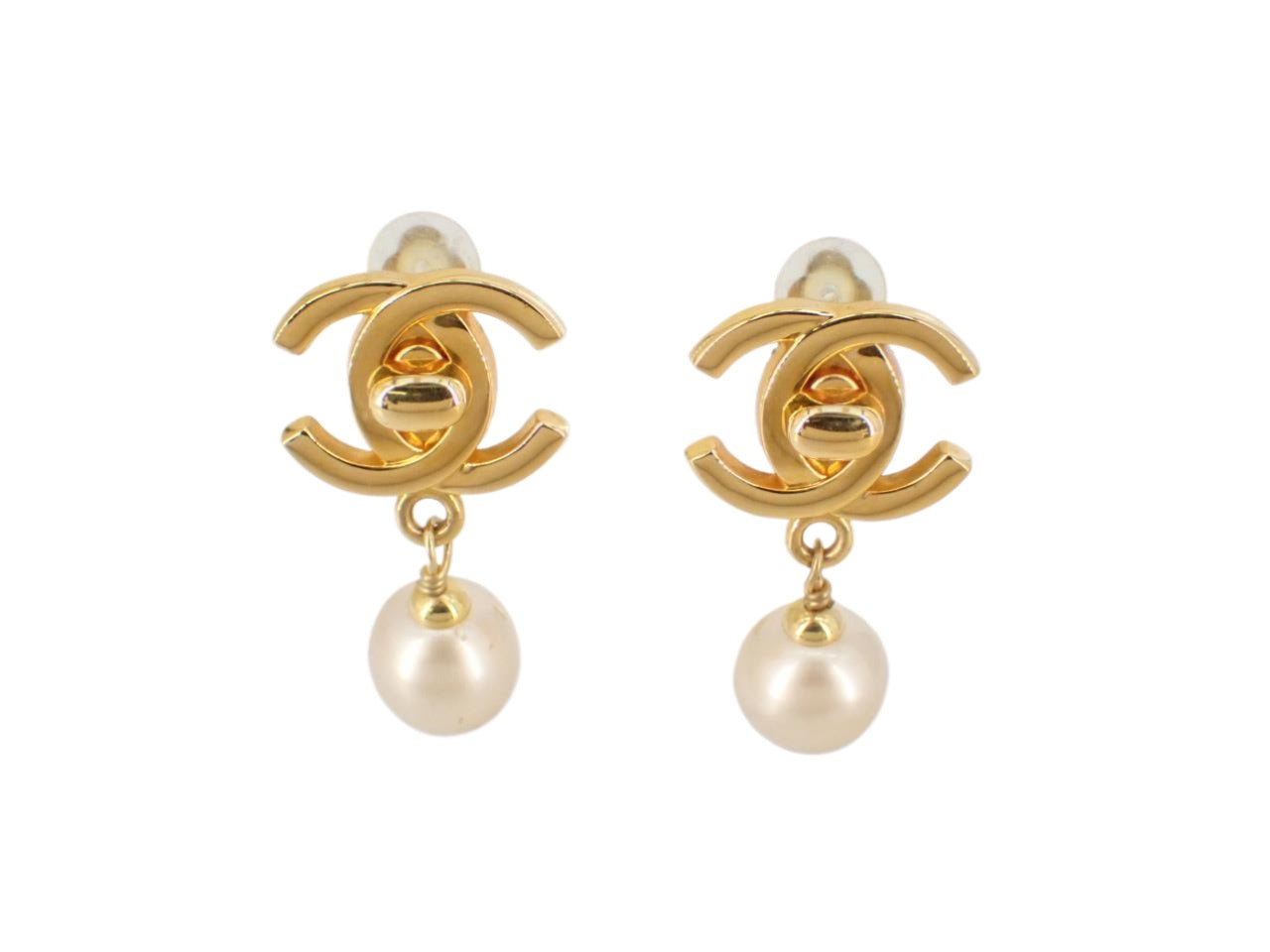 Chanel Turnlock Pearl Drop Earrings Gold 2655