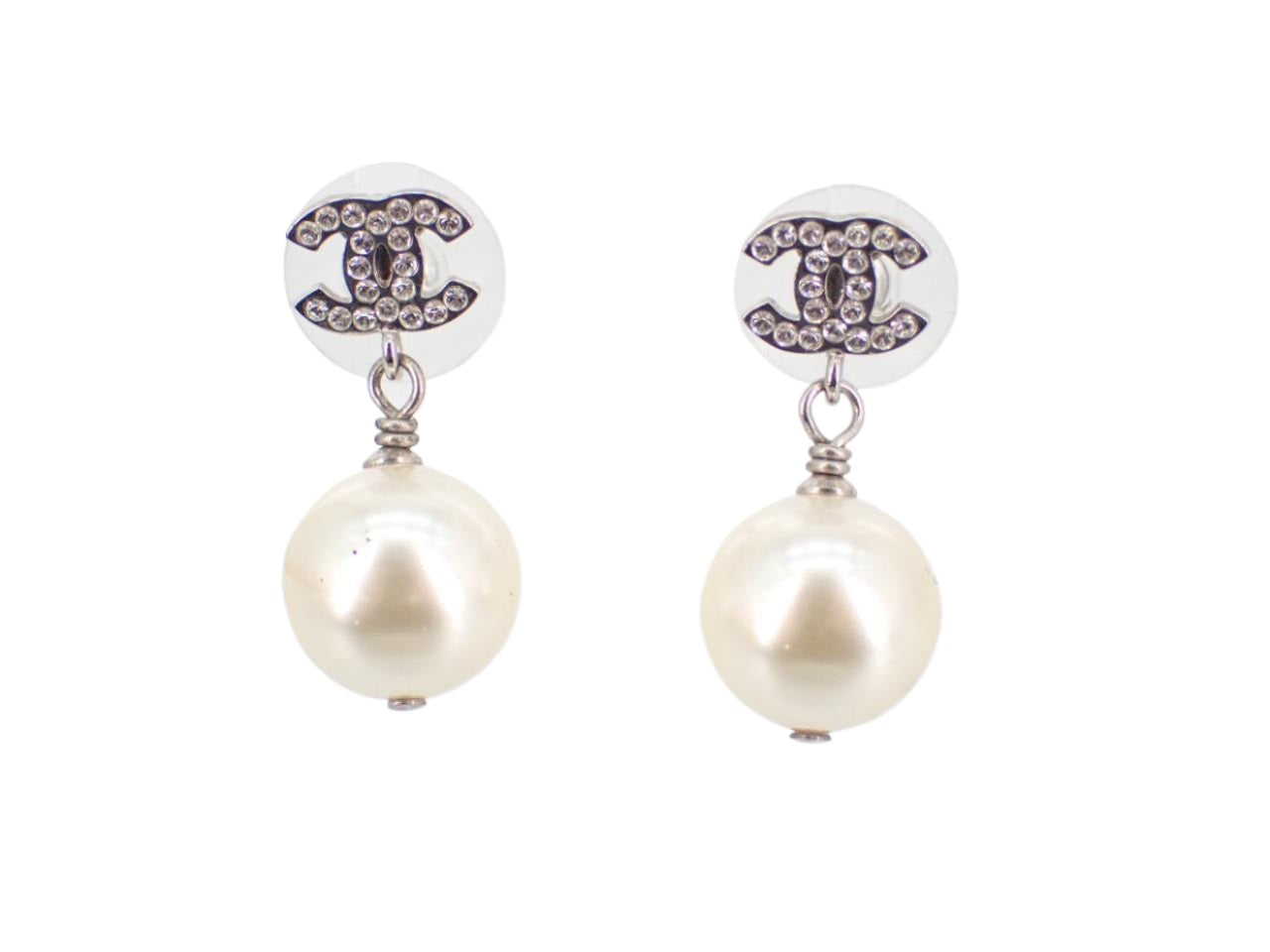 Chanel CC Pearl Drop Crystal Earrings Gunmetal 2666