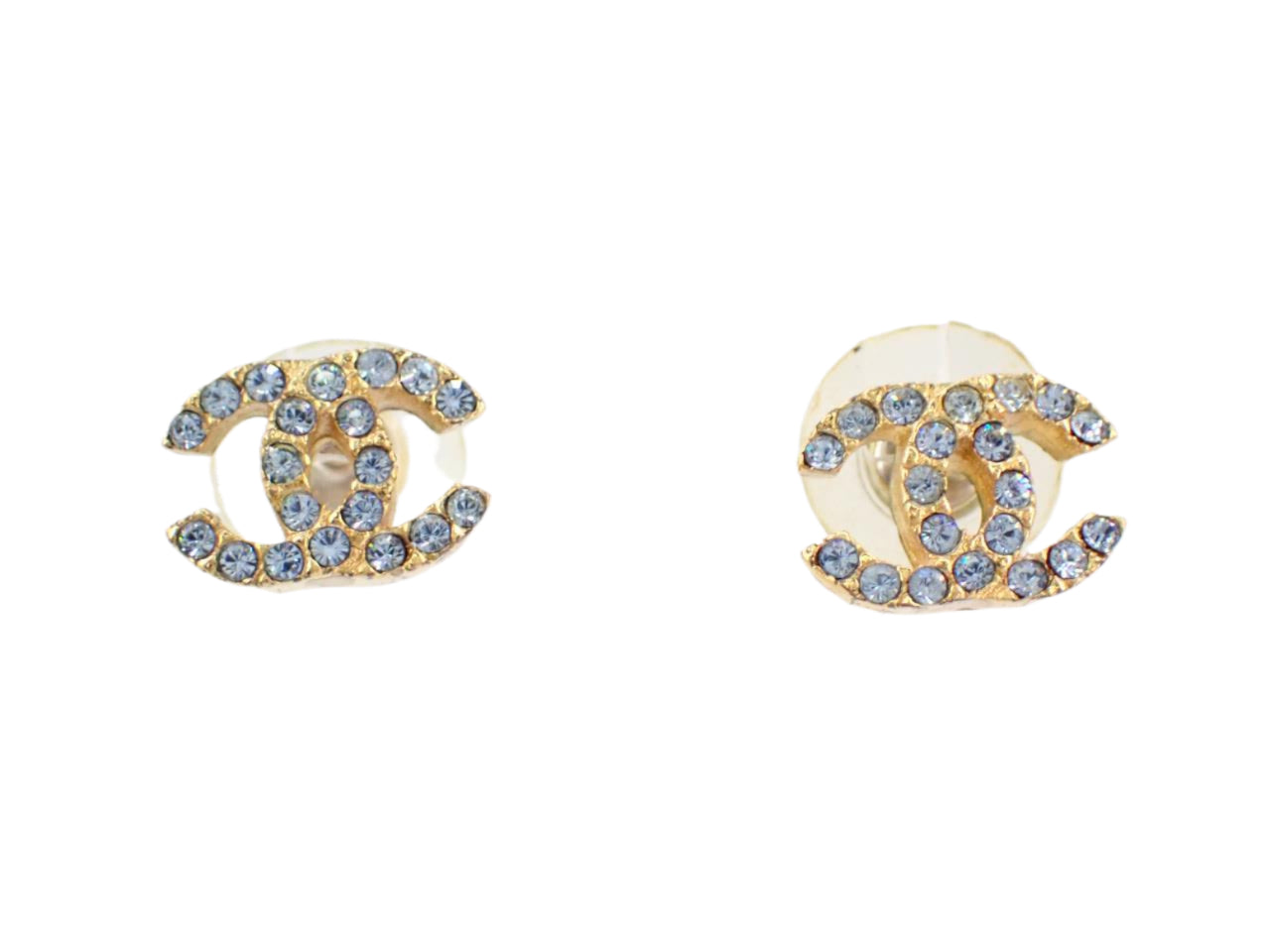 Chanel CC Blue Rhinestone Earrings Gold Stud 2725