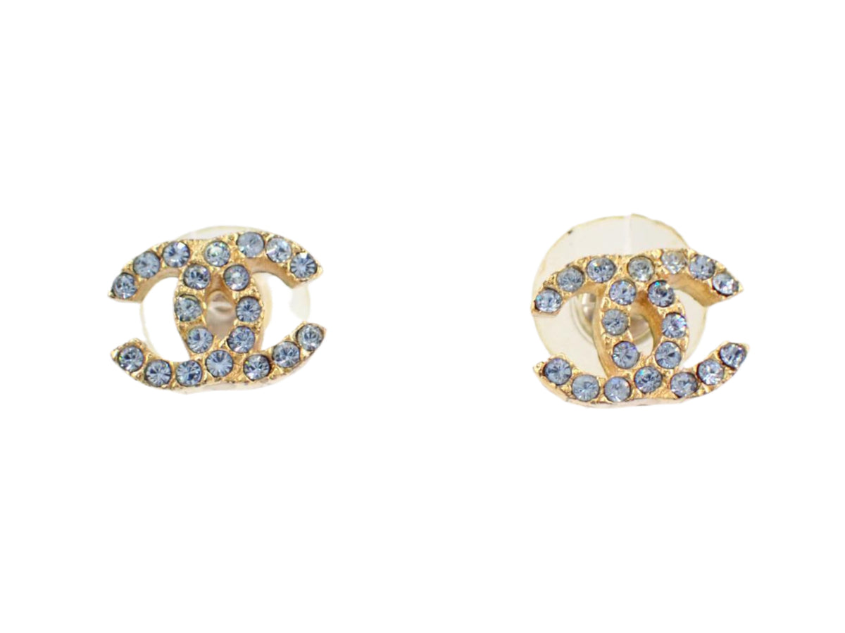 Chanel CC Blue Rhinestone Earrings Gold Stud 2725