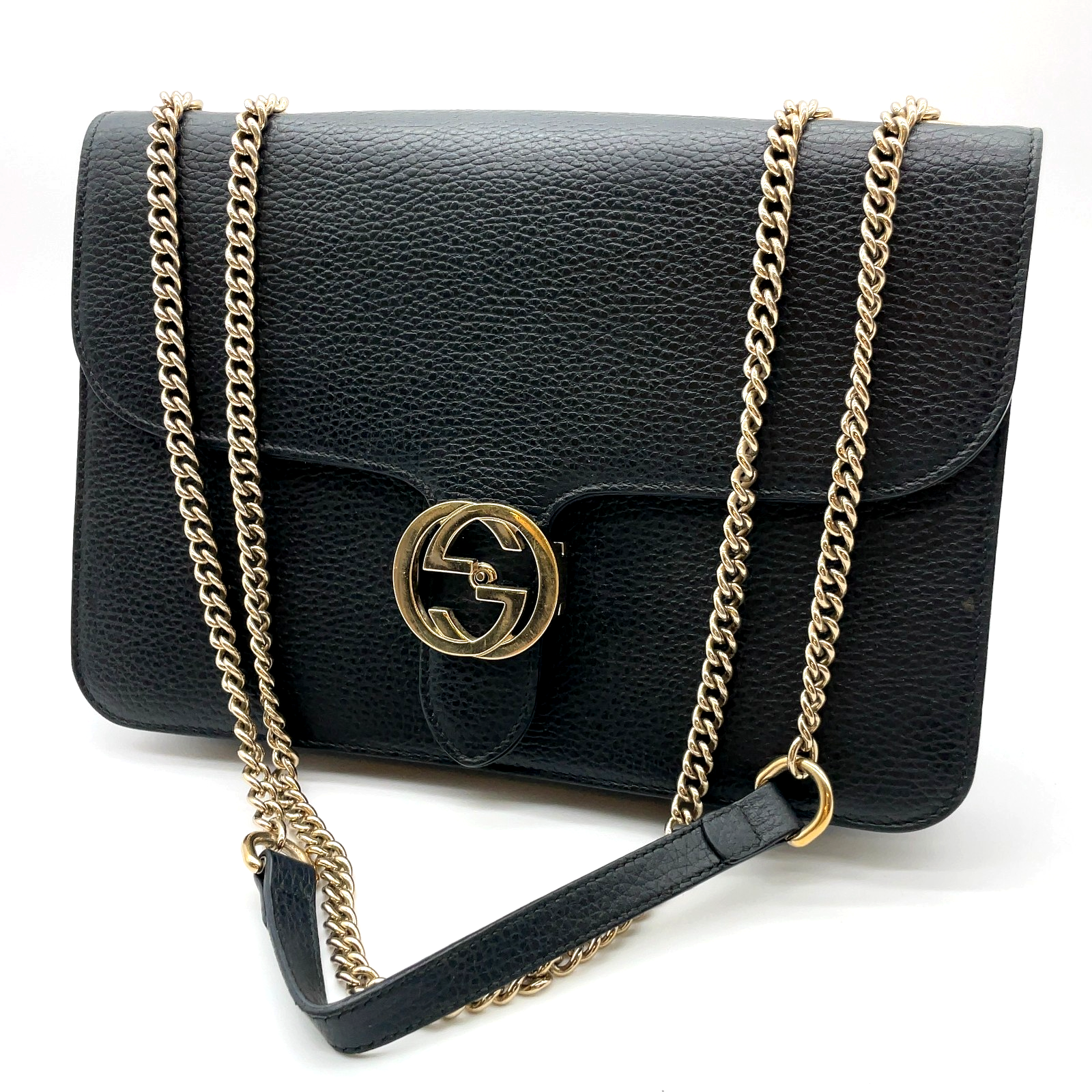 Gucci Interlocking G Chain Shoulder Bag Black Leather 3373