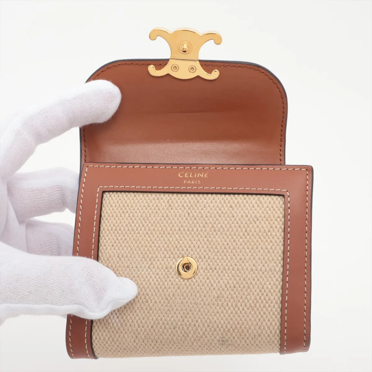Celine Triomphe Small Compact Wallet Beige Canvas 3339