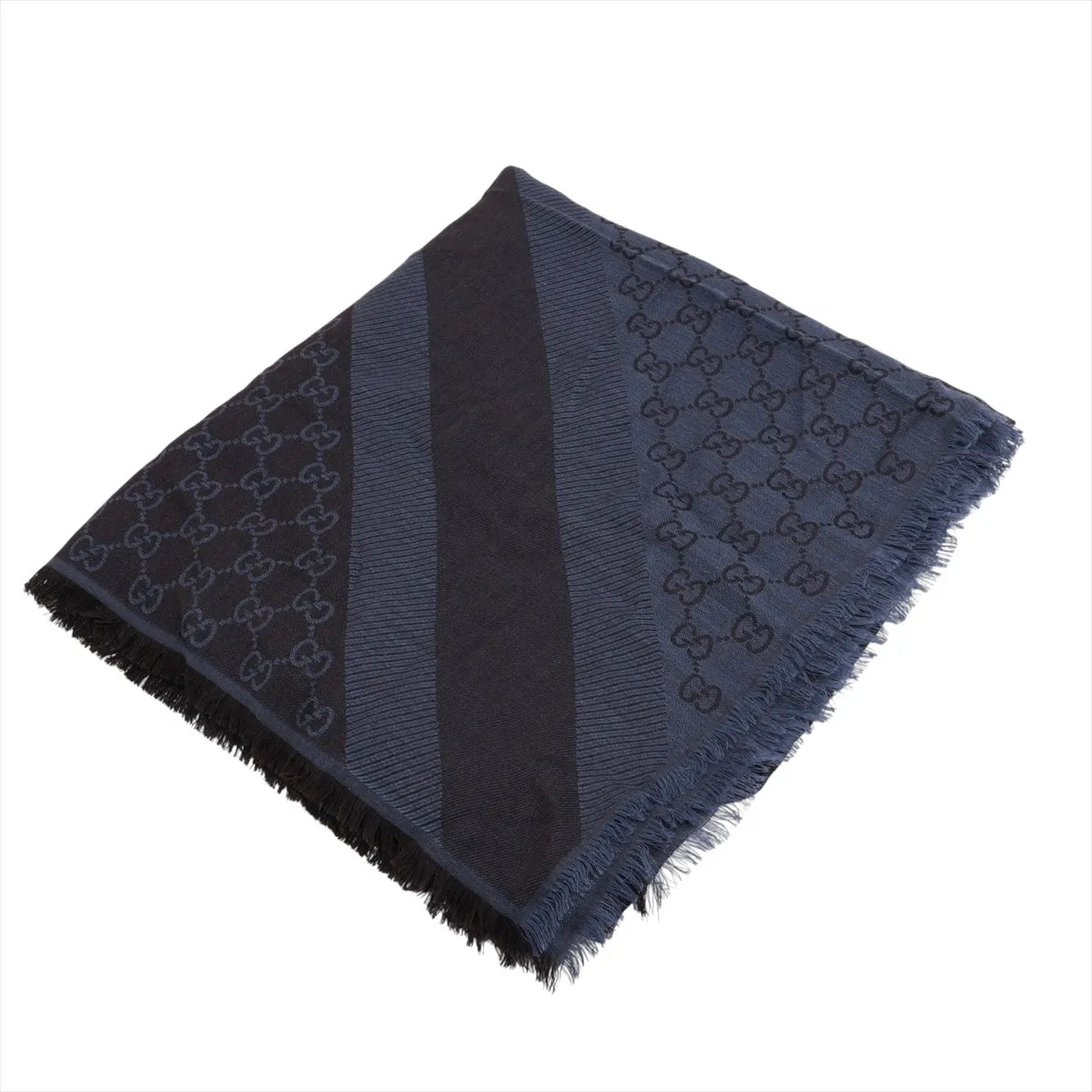 Gucci GG Stole Scarf Navy Wool Silk Blend 3374