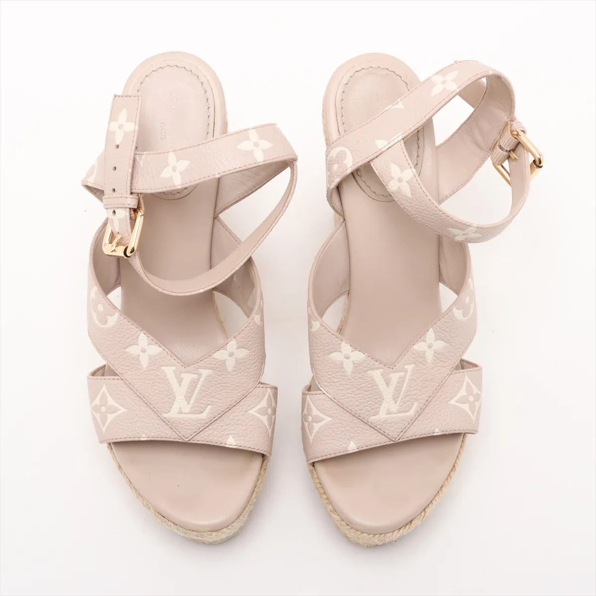 Louis Vuitton Starboard Cream Leather Espadrille Wedge Sandals (Size 37) 3384