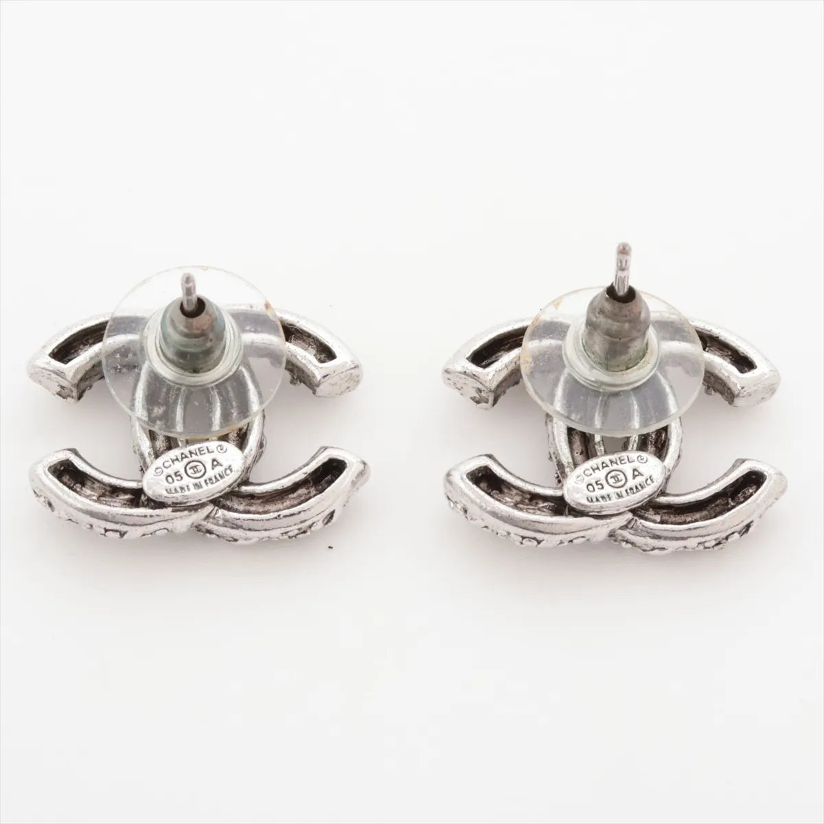 Chanel CC Woven Rhinestone Earrings Silver Post Stud 3362