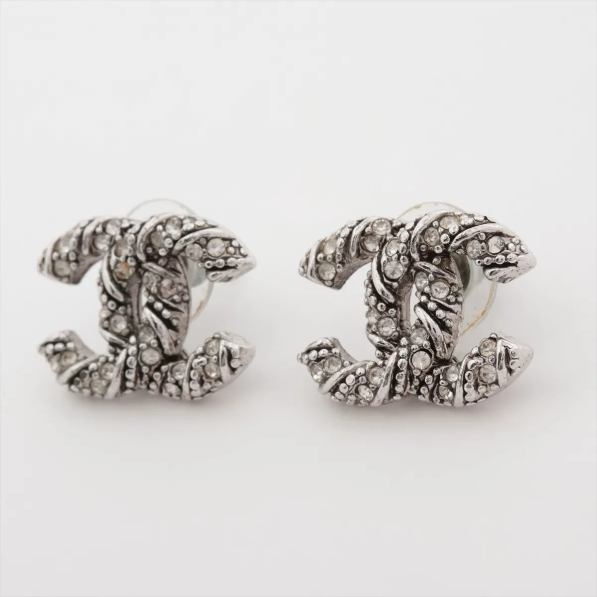 Chanel CC Woven Rhinestone Earrings Silver Post Stud 3362