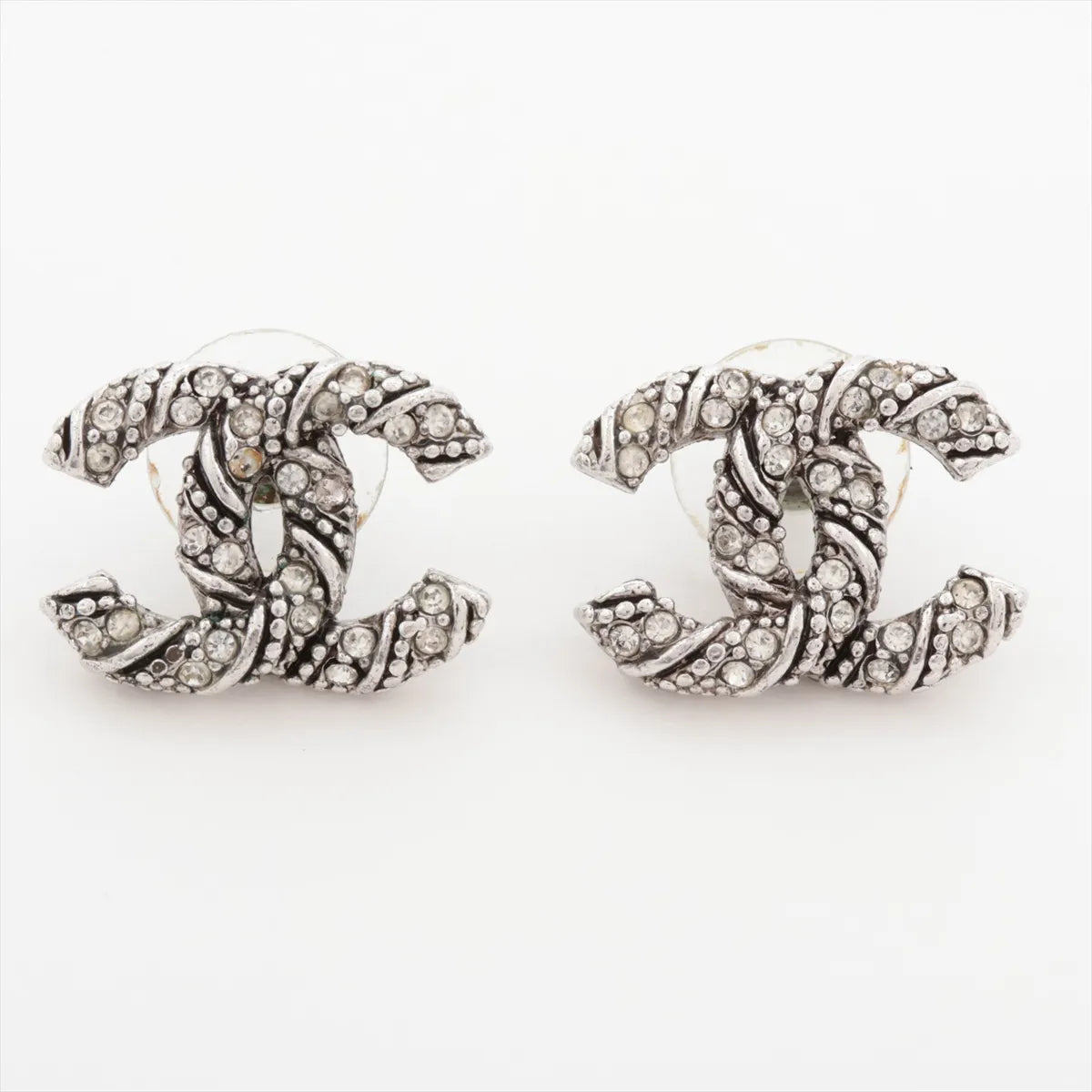 Chanel CC Woven Rhinestone Earrings Silver Post Stud 3362