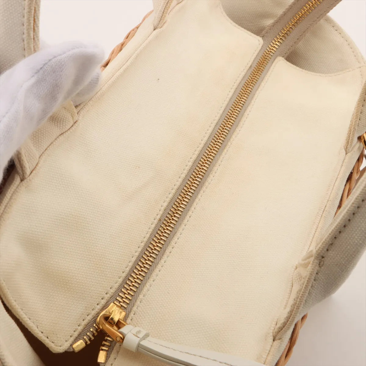 Prada Canapa Rattan Canvas 2-Way Handbag Beige White 3410