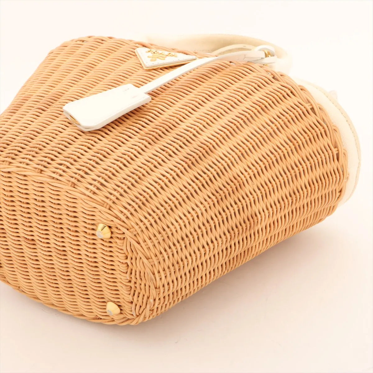 Prada Canapa Rattan Canvas 2-Way Handbag Beige White 3410