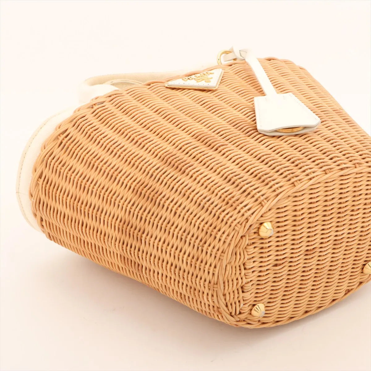 Prada Canapa Rattan Canvas 2-Way Handbag Beige White 3410