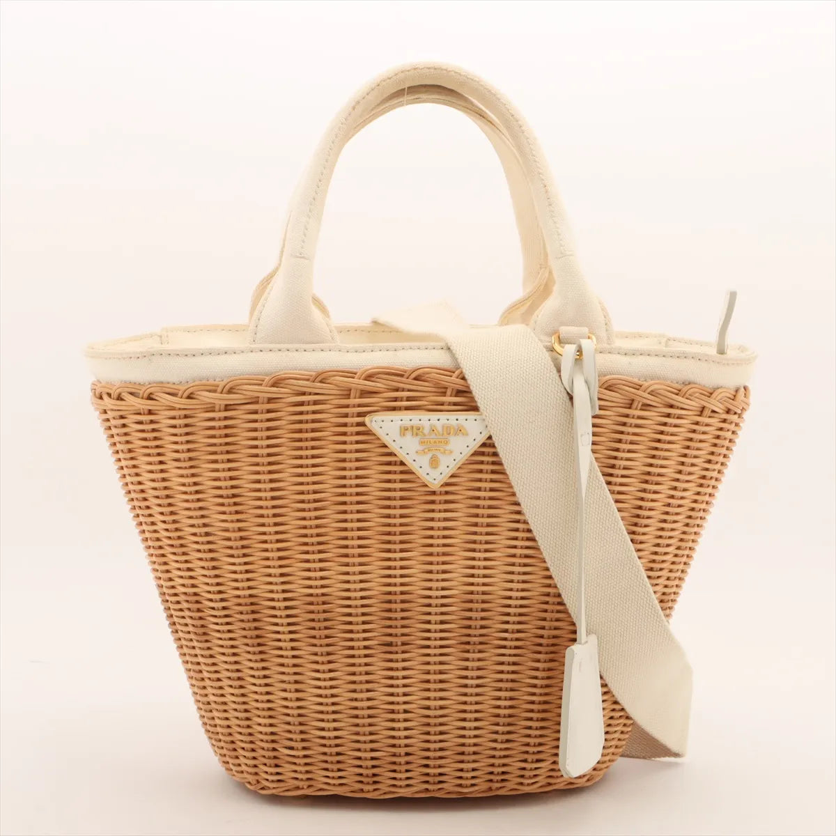 Prada Canapa Rattan Canvas 2-Way Handbag Beige White 3410