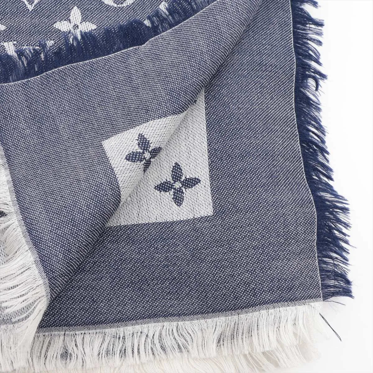 Louis Vuitton Shawl Stole Scarf Monogram Silk Wool Navy Blue 3489