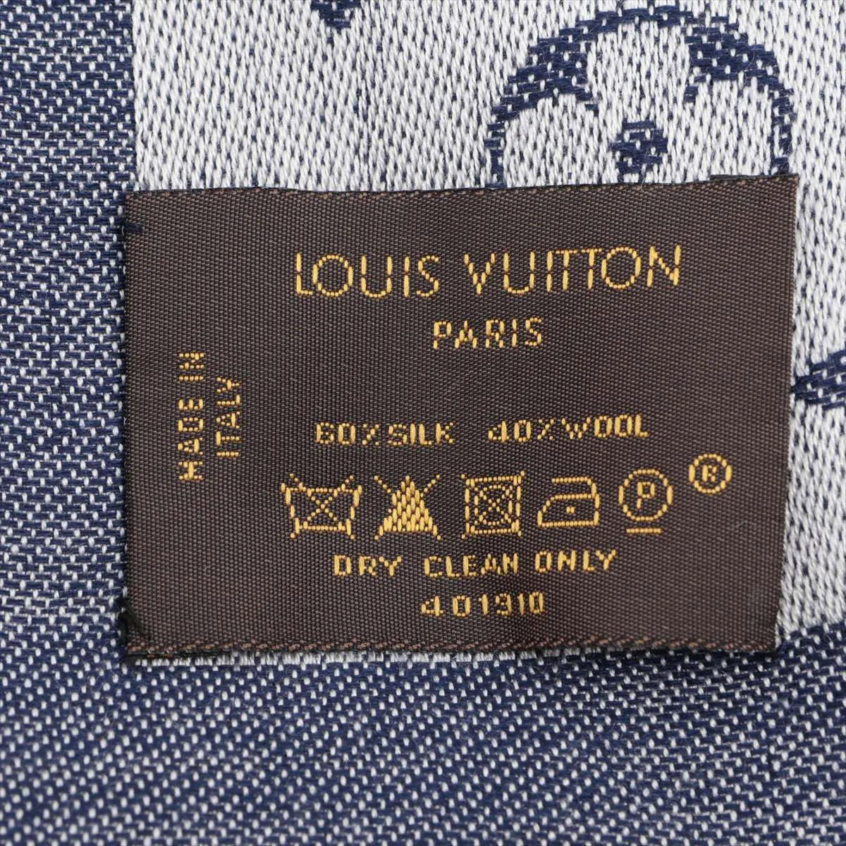 Louis Vuitton Shawl Stole Scarf Monogram Silk Wool Navy Blue 3489