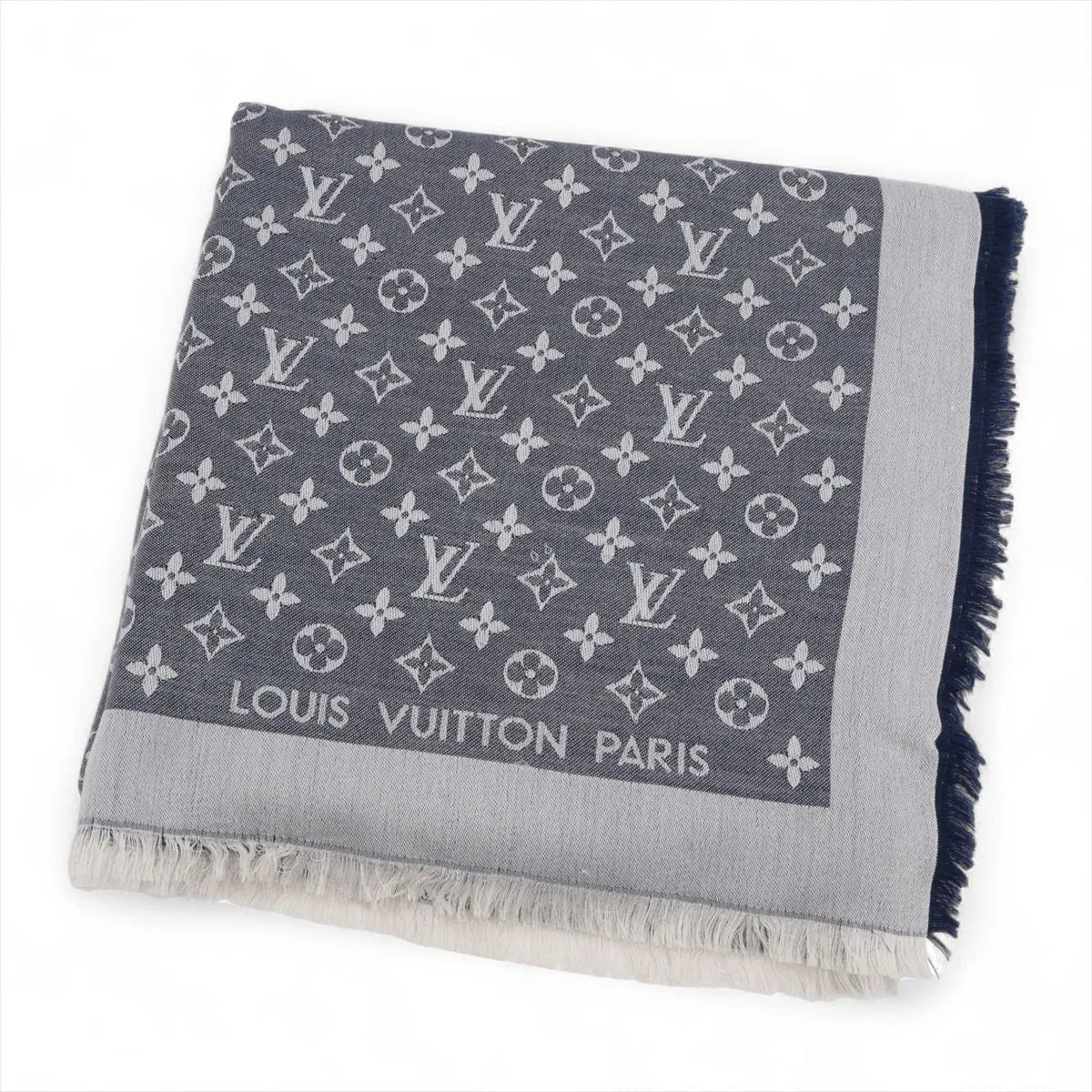 Louis Vuitton Shawl Stole Scarf Monogram Silk Wool Navy Blue 3489