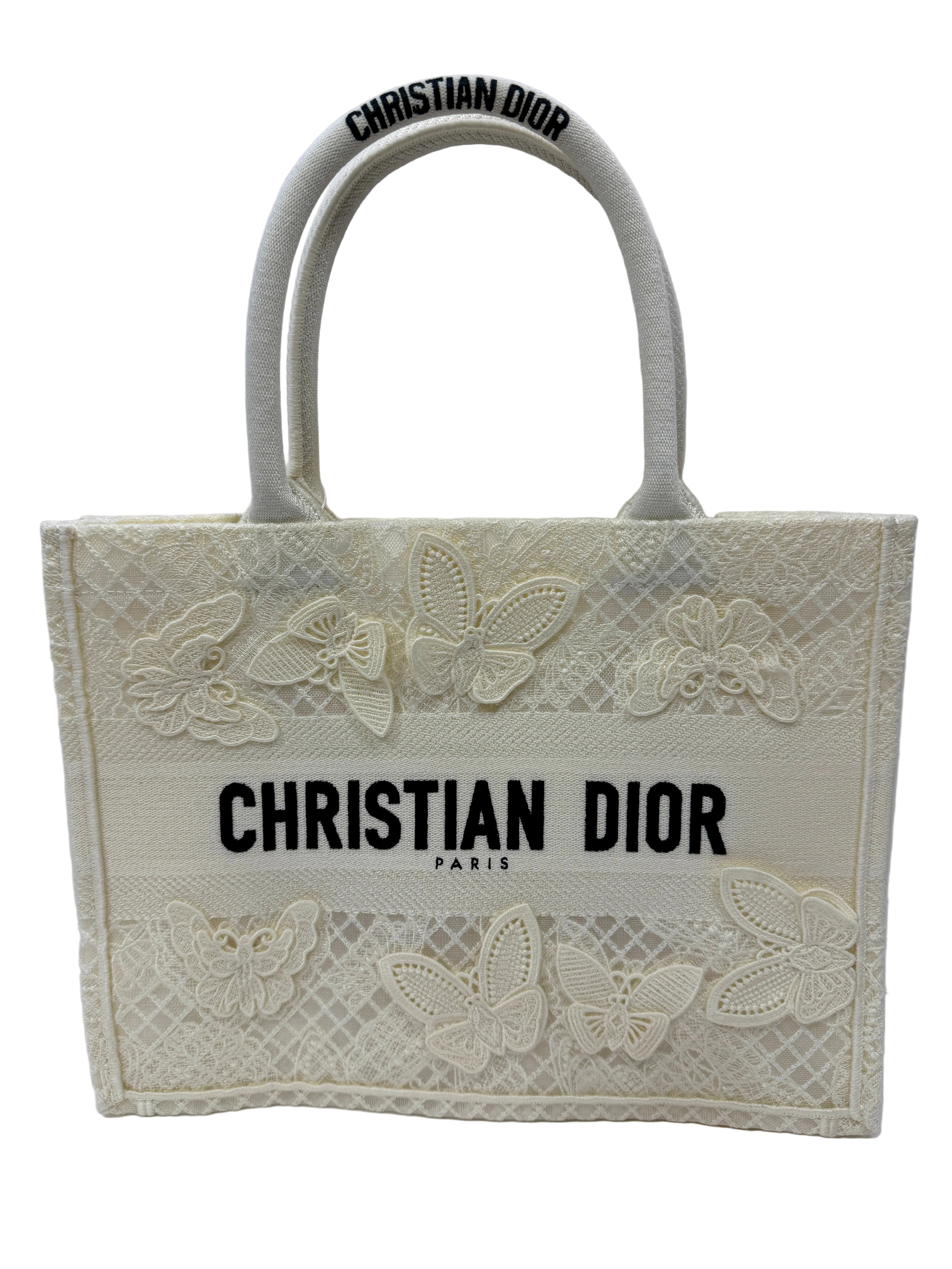 Dior Medium Book Tote 3D Macrame D-Lace Butterfly White