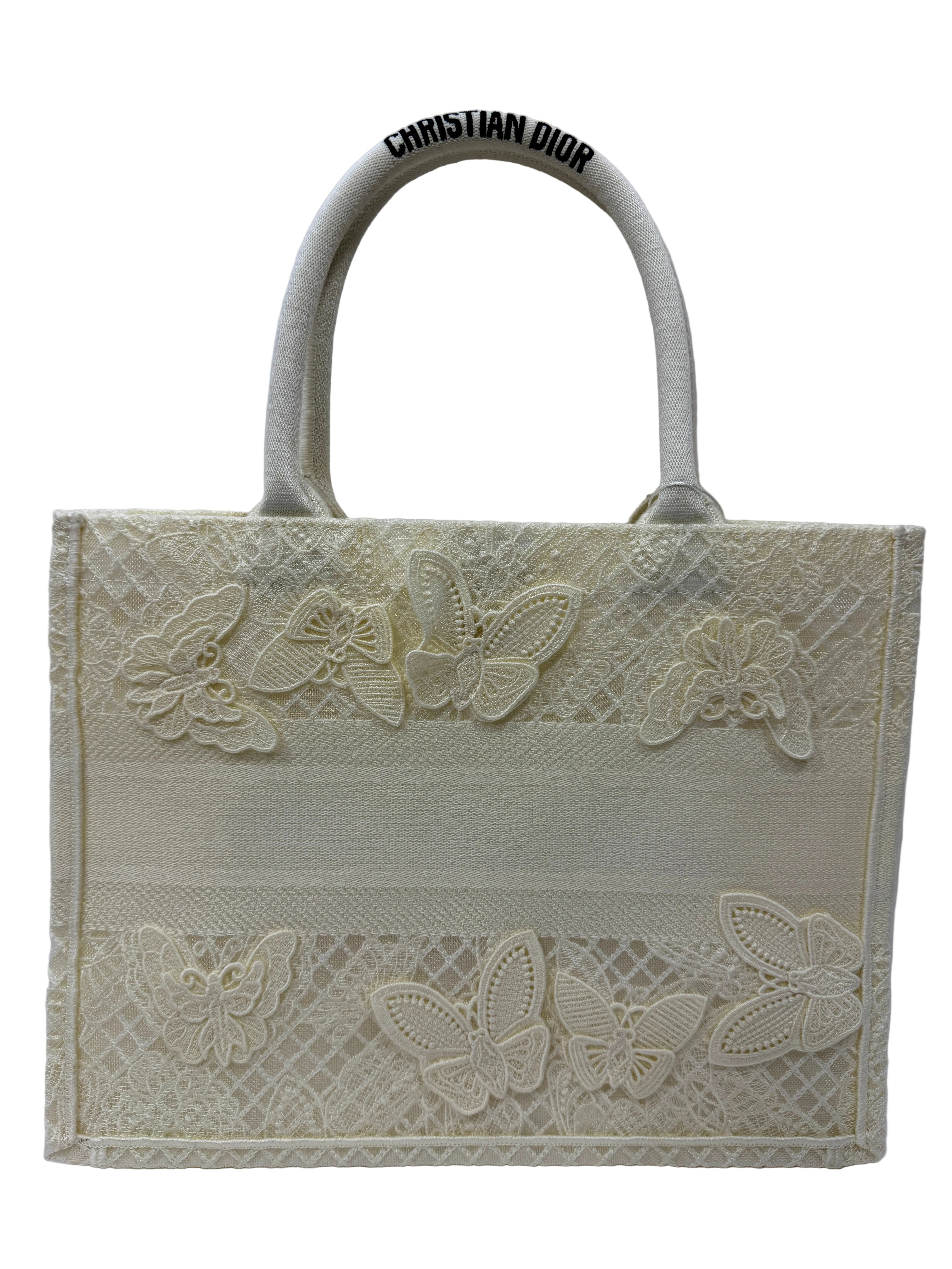 Dior Medium Book Tote 3D Macrame D-Lace Butterfly White