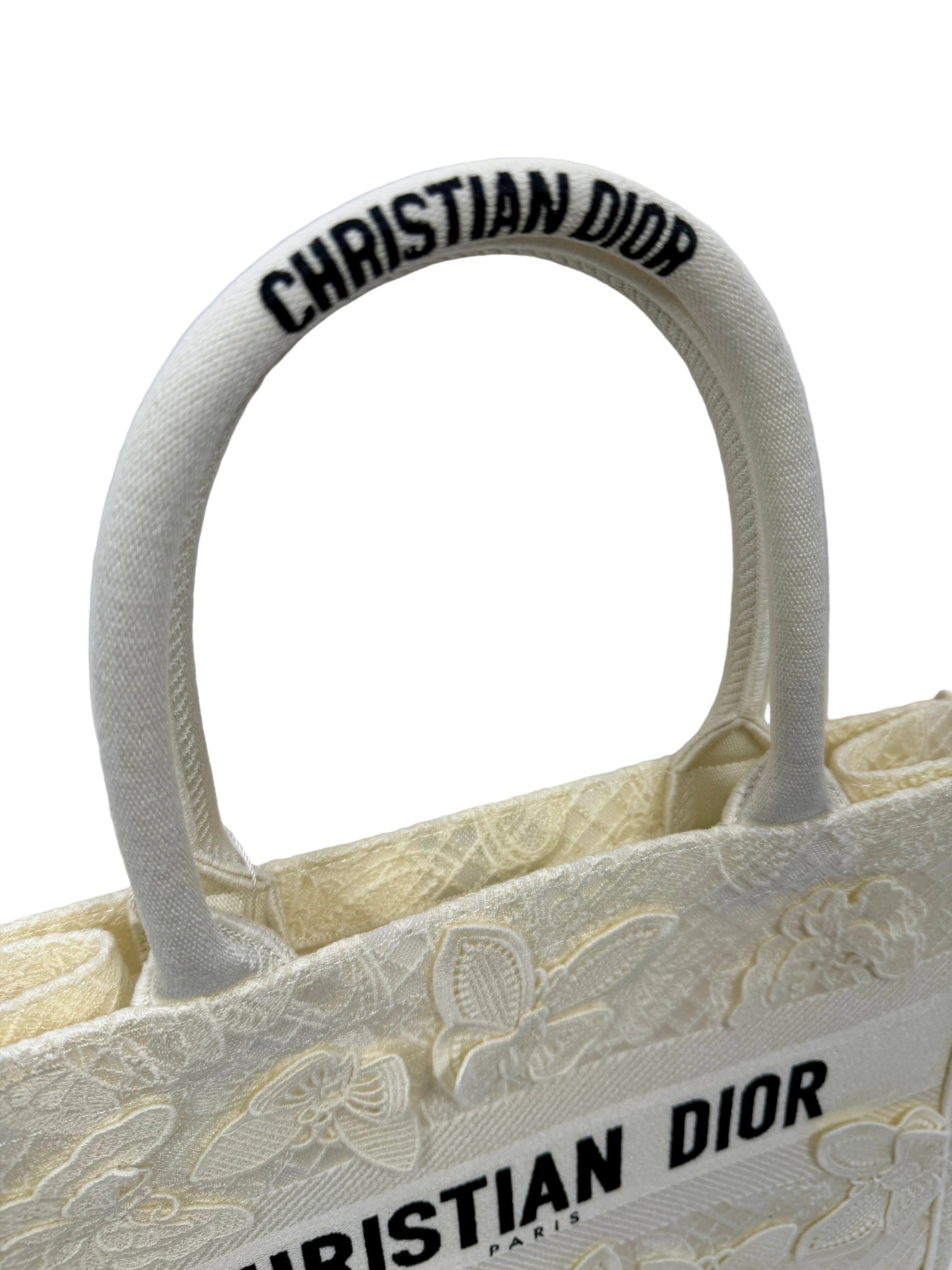 Dior Medium Book Tote 3D Macrame D-Lace Butterfly White