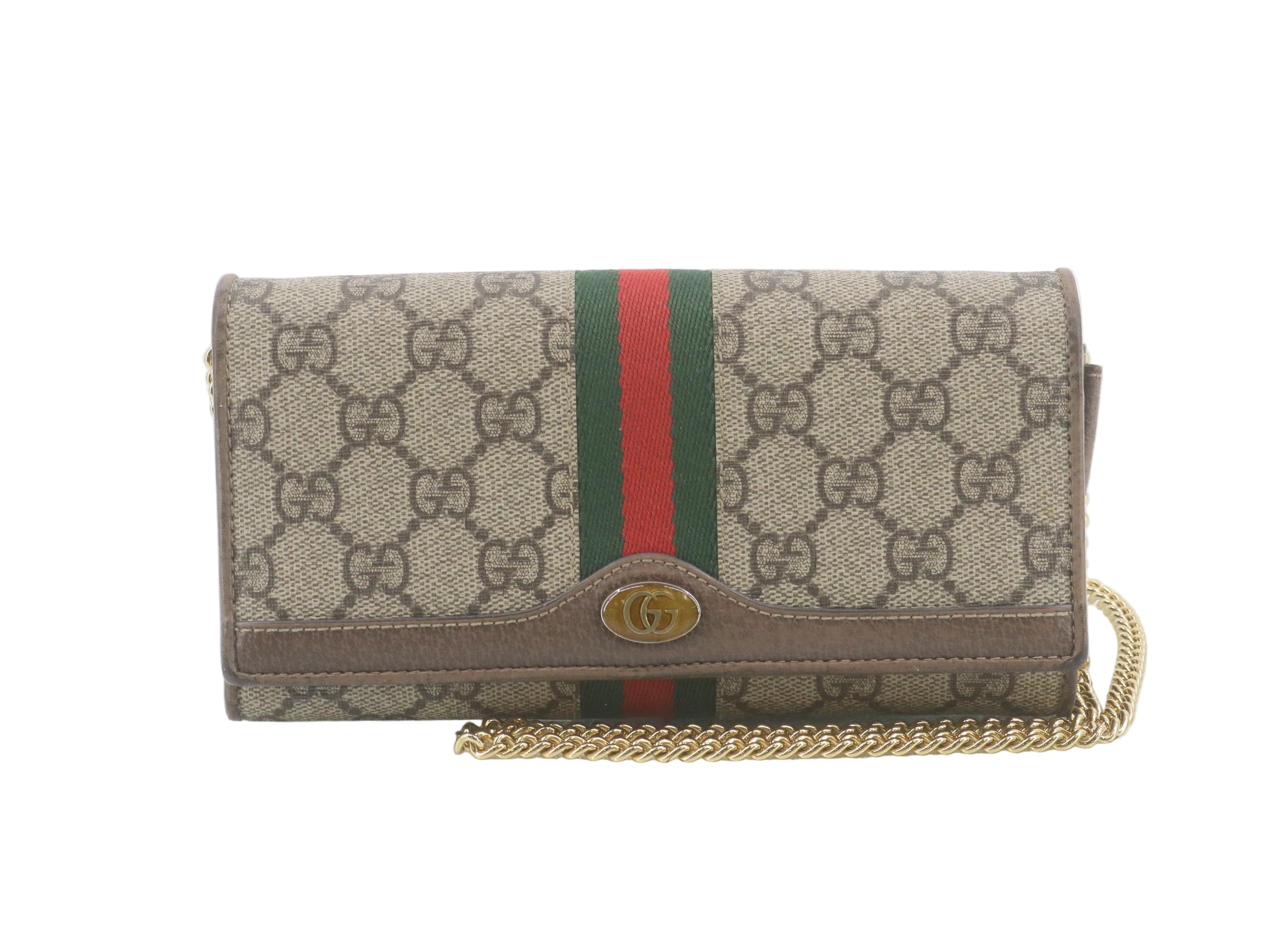 Gucci Chain Wallet handbag with brand logo and color stripe on a white background