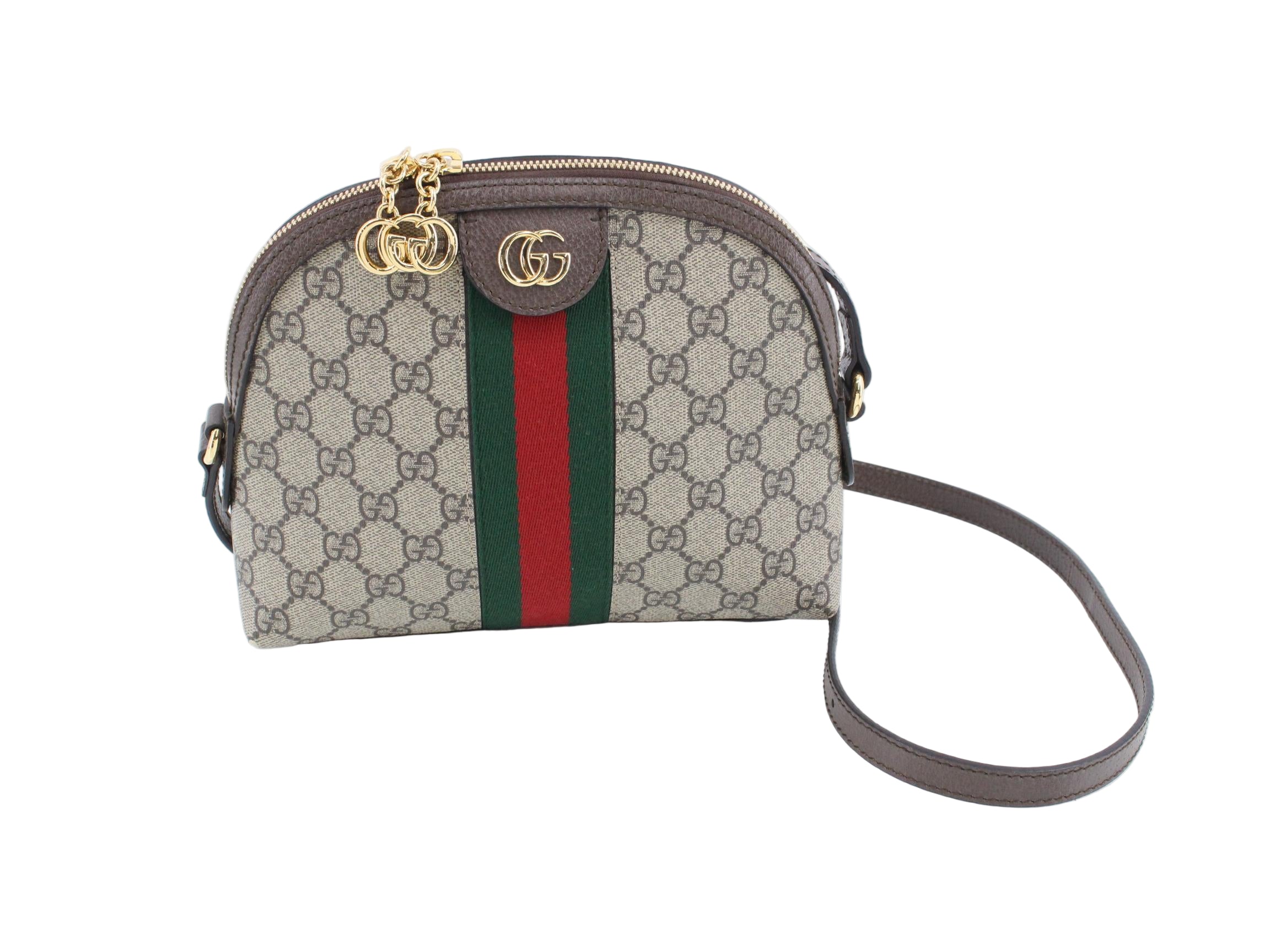 Gucci handbag with monogram canvas and red and green stripe on a white background