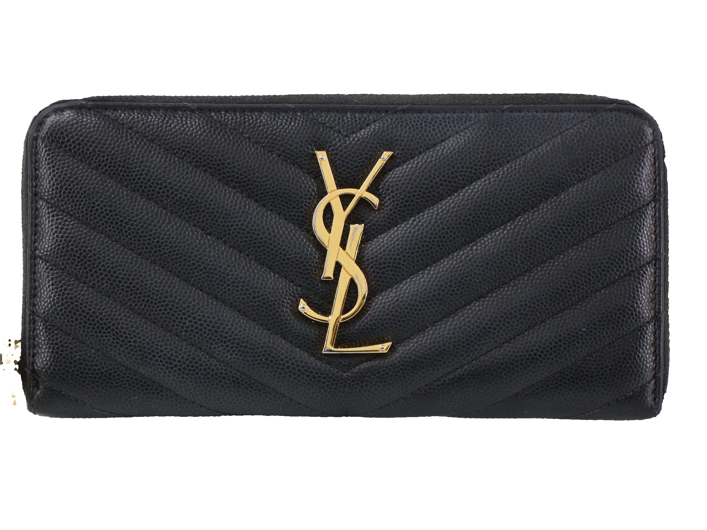 YSL Cassandra Wallet Black quilted wallet with gold logo on a white background