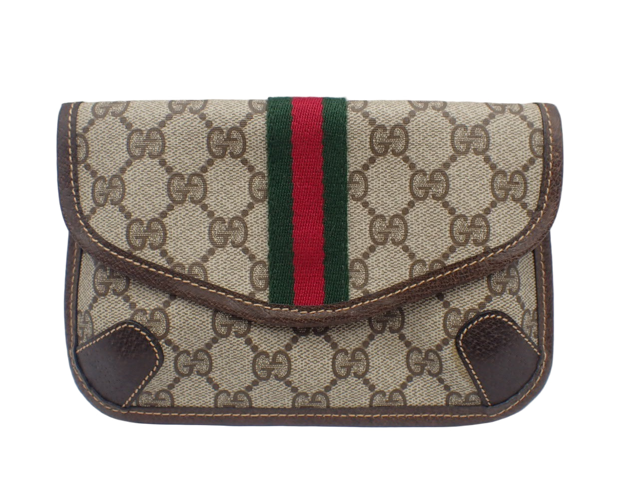 Gucci pouch with GG pattern and red and green stripe on a white background