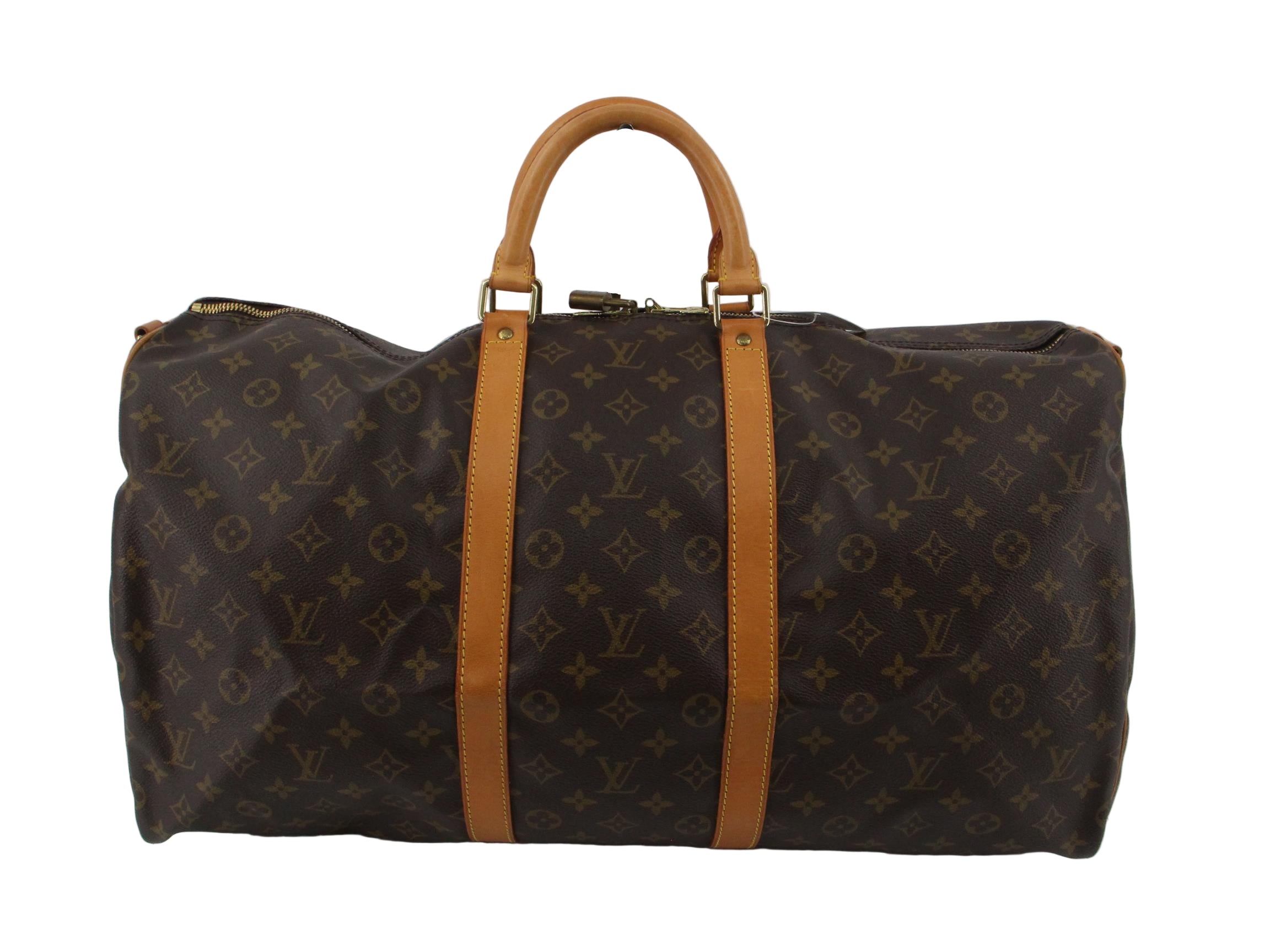 Brown Louis Vuitton Keepall 55cm Bandouliere duffel bag with monogram pattern on a white floor.
