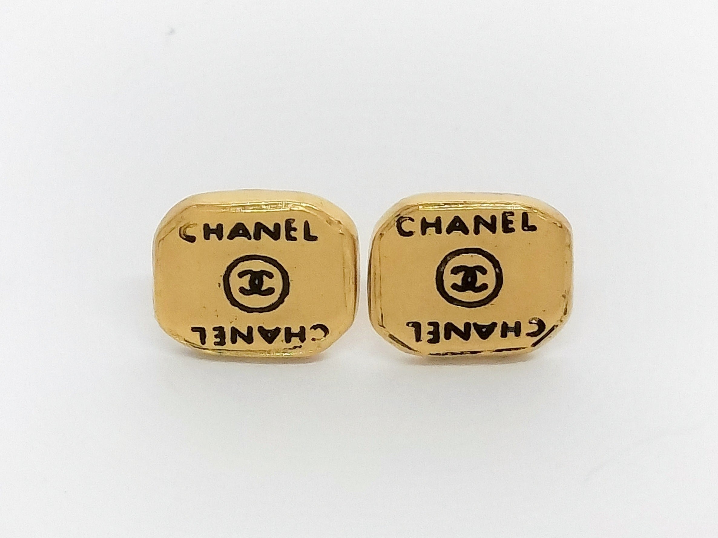 Chanel Square CC Logo Pierced Earrings Gold Black 3324