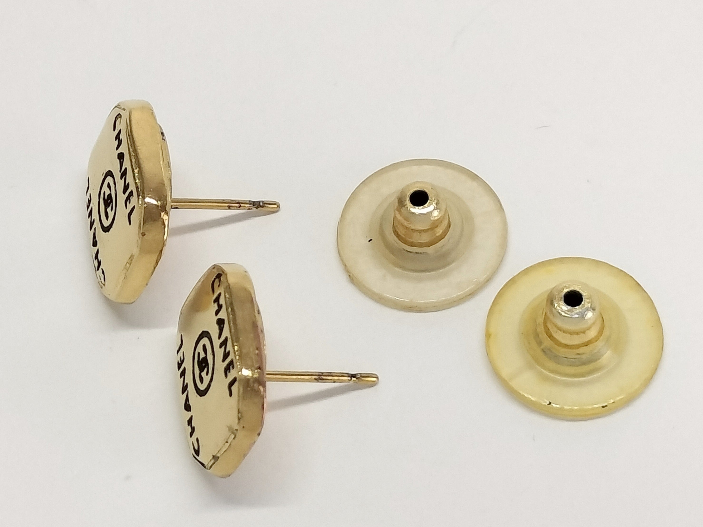 Chanel Square CC Logo Pierced Earrings Gold Black 3324