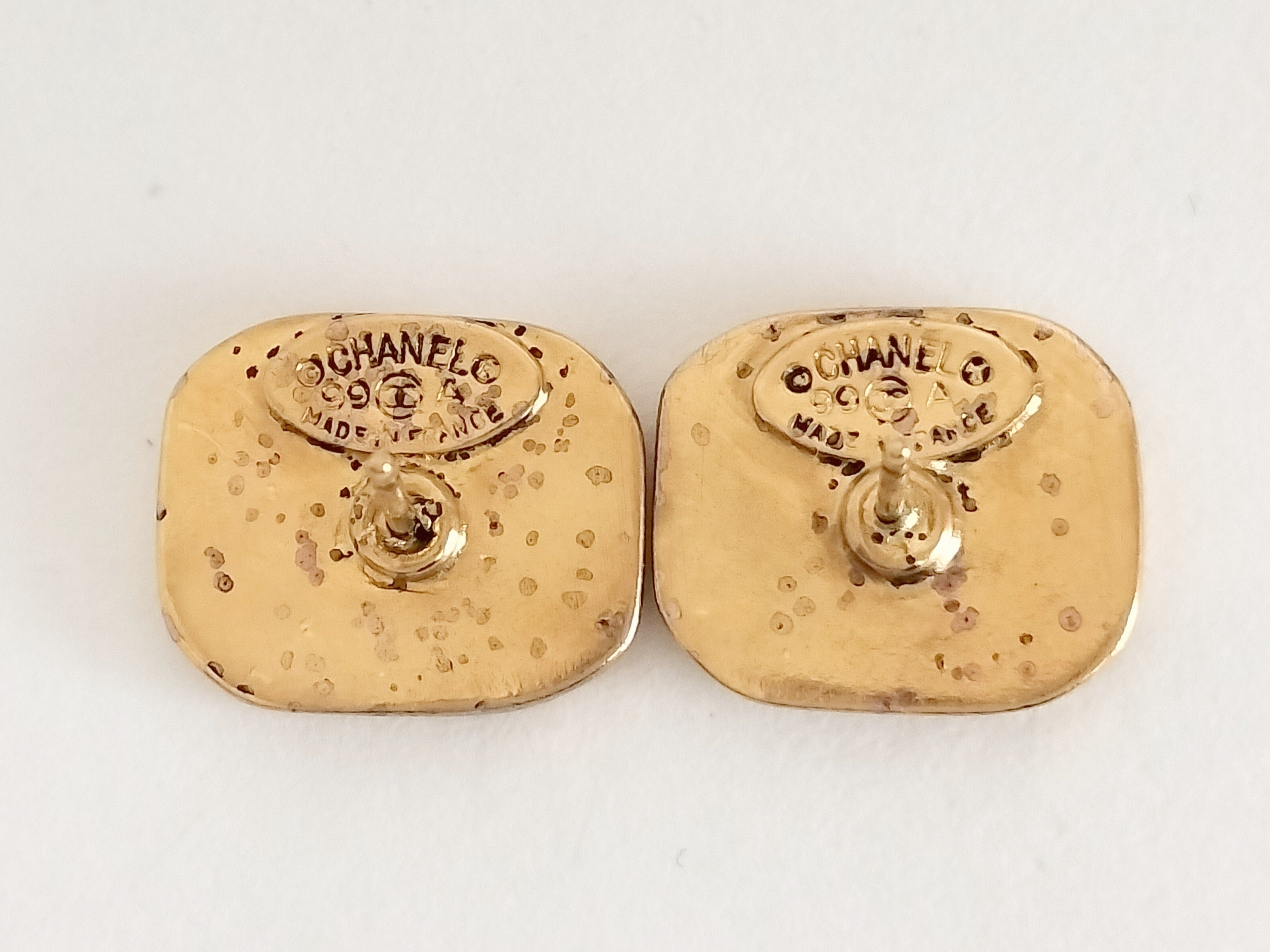Chanel Square CC Logo Pierced Earrings Gold Black 3324