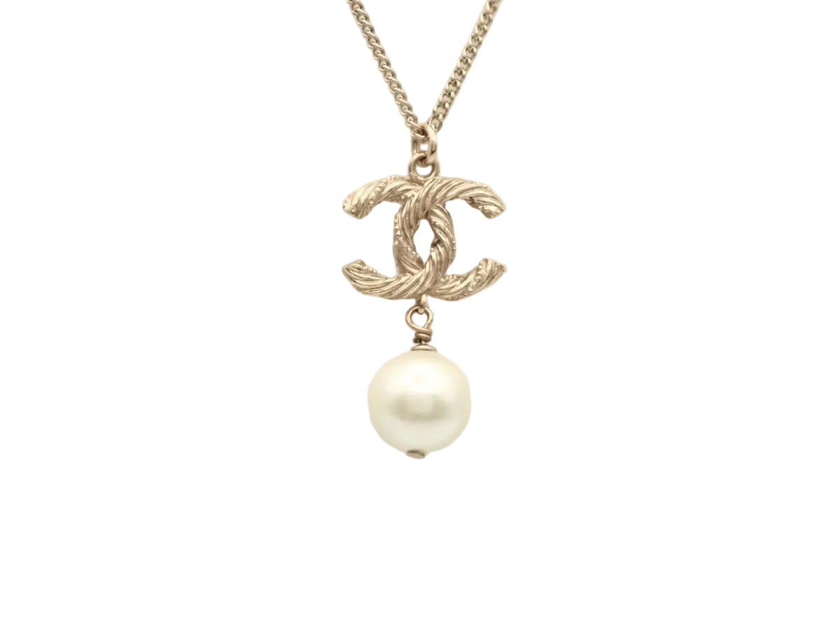 Chanel Woven CC Pearl Drop Necklace Gold B14V 3228