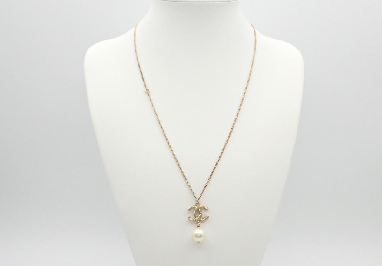 Chanel Woven CC Pearl Drop Necklace Gold B14V 3228