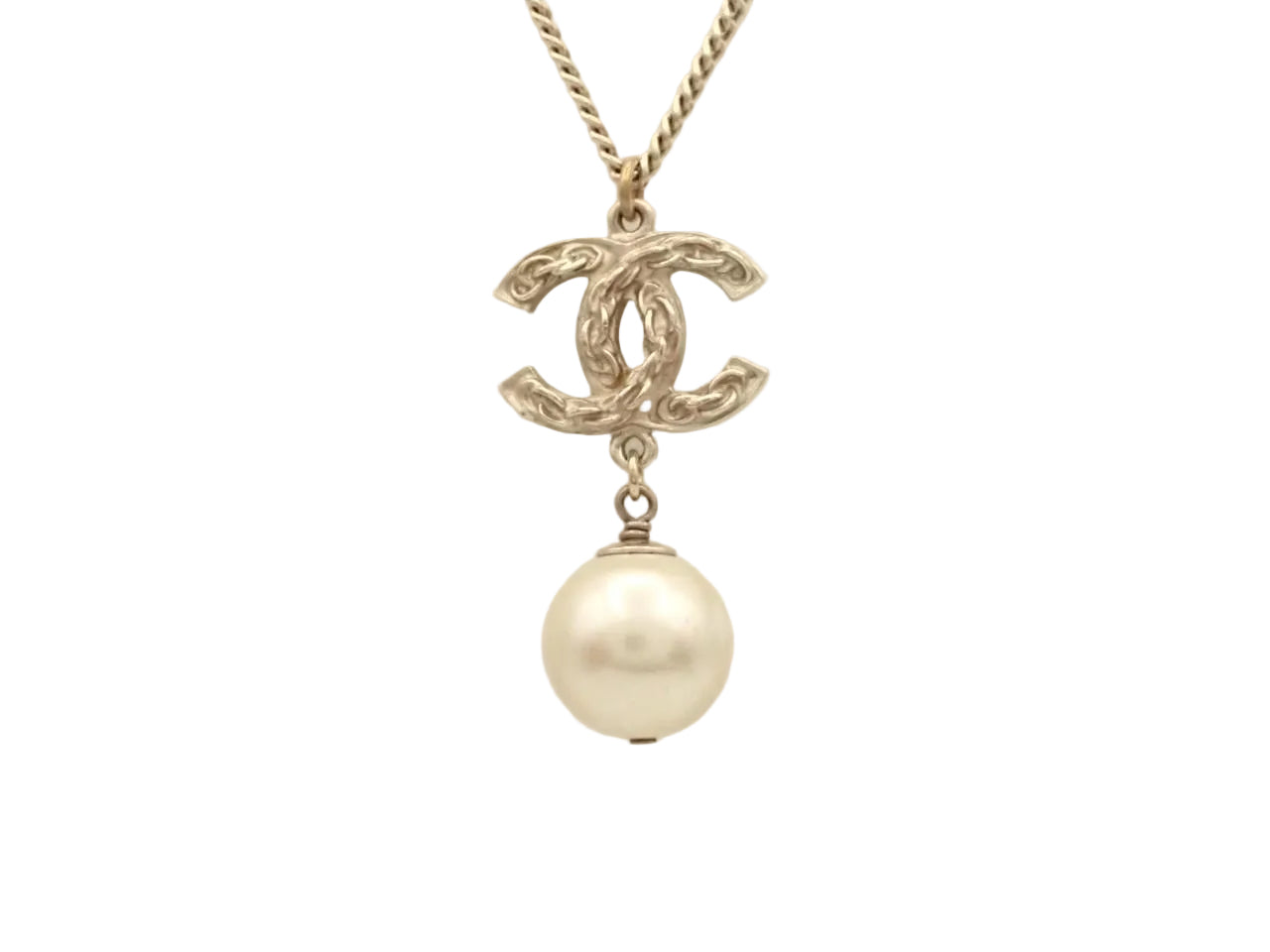 Chanel Woven CC Pearl Drop Necklace Gold A14 3232