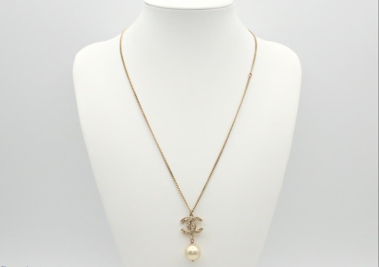 Chanel Woven CC Pearl Drop Necklace Gold A14 3232