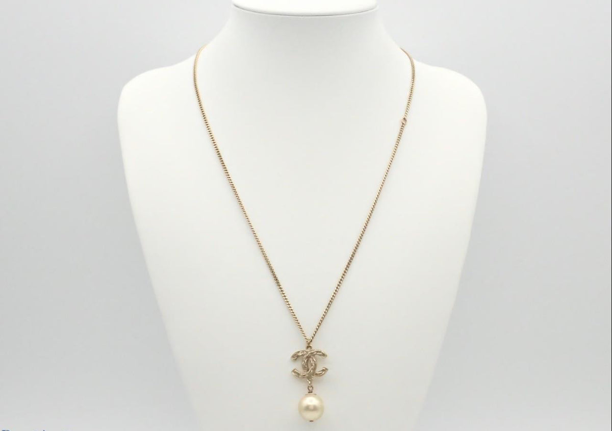 Chanel Woven CC Pearl Drop Necklace Gold A14 3232