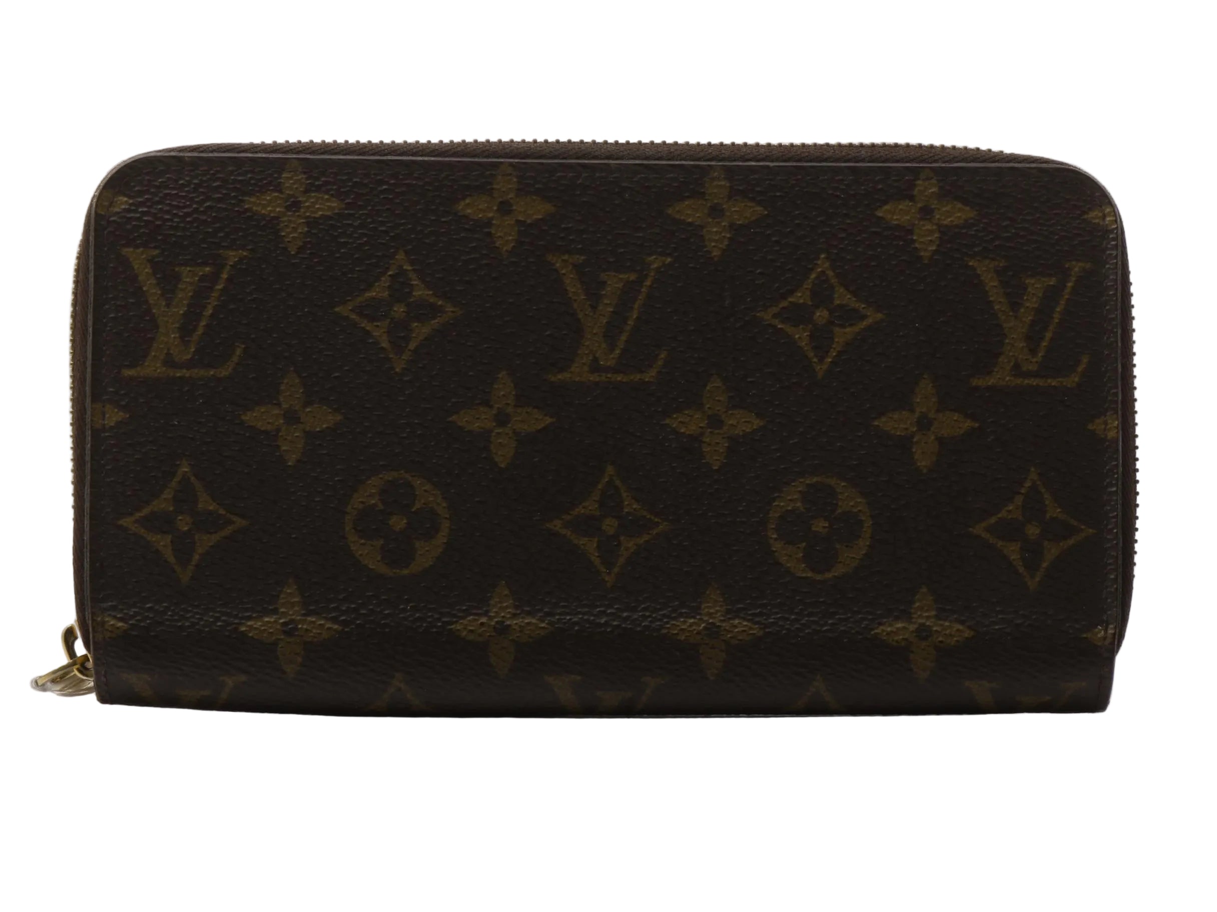 A Louis Vuitton monogram canvas zip-around wallet in dark brown with tan monogram motifs, photographed on a light gray reflective surface.