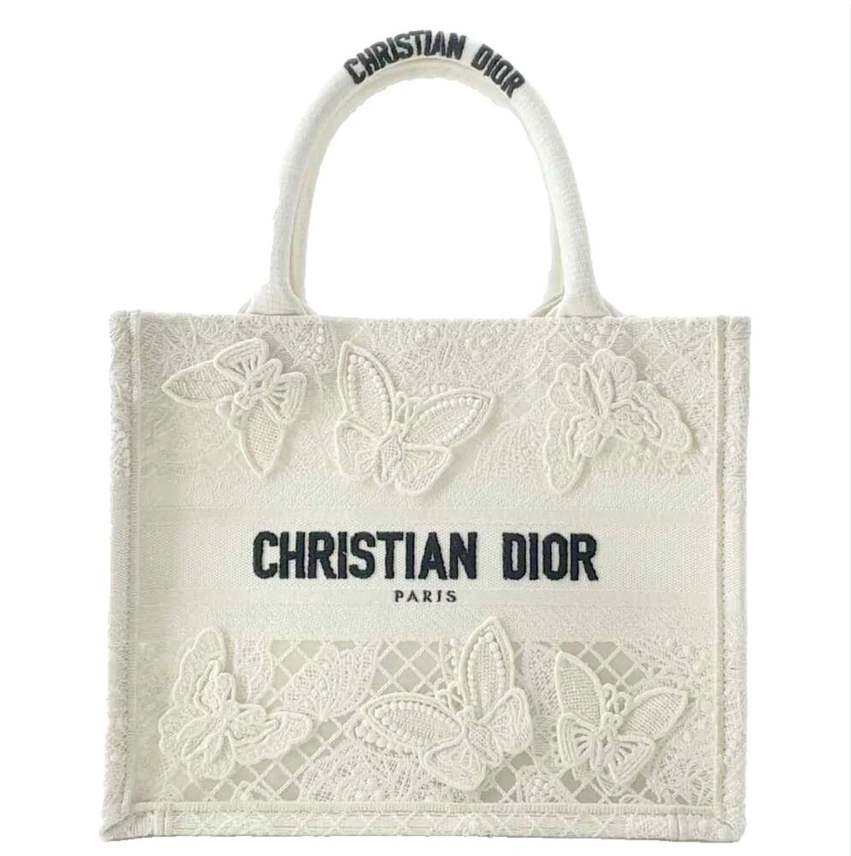 Dior Medium Book Tote 3D Macrame D-Lace Butterfly White