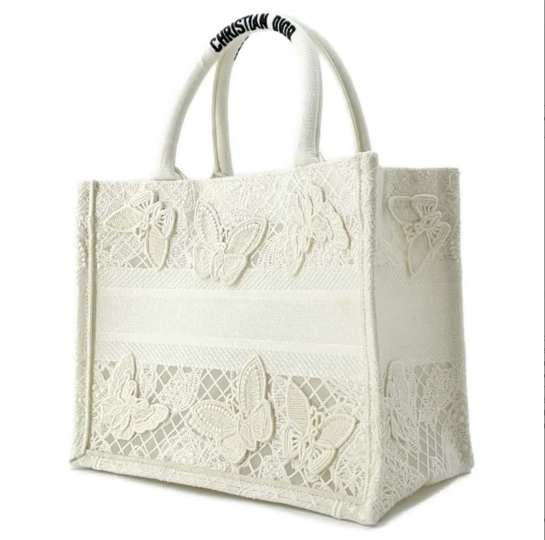 Dior Medium Book Tote 3D Macrame D-Lace Butterfly White
